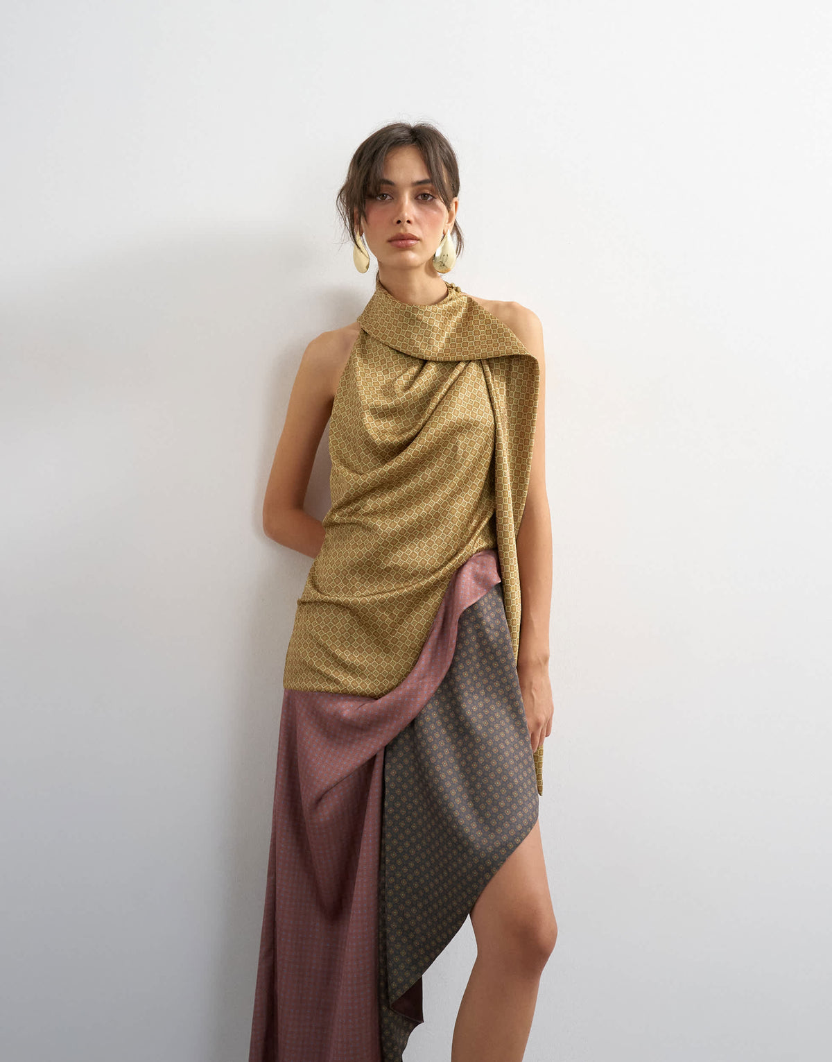Topshop premium satin halter asymmetric mini dress with scarf detail in geo scarf print