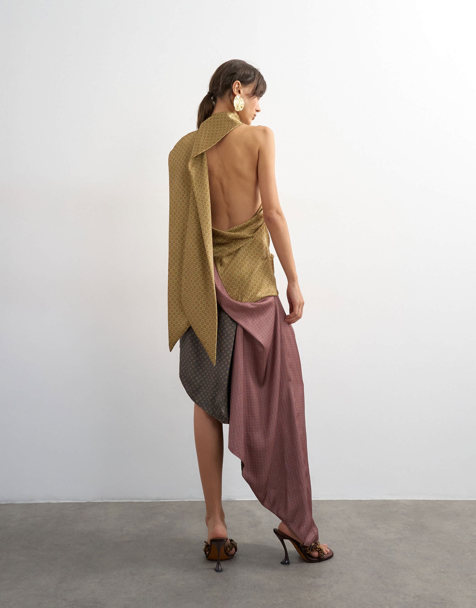 Topshop premium satin halter asymmetric mini dress with scarf detail in geo scarf print