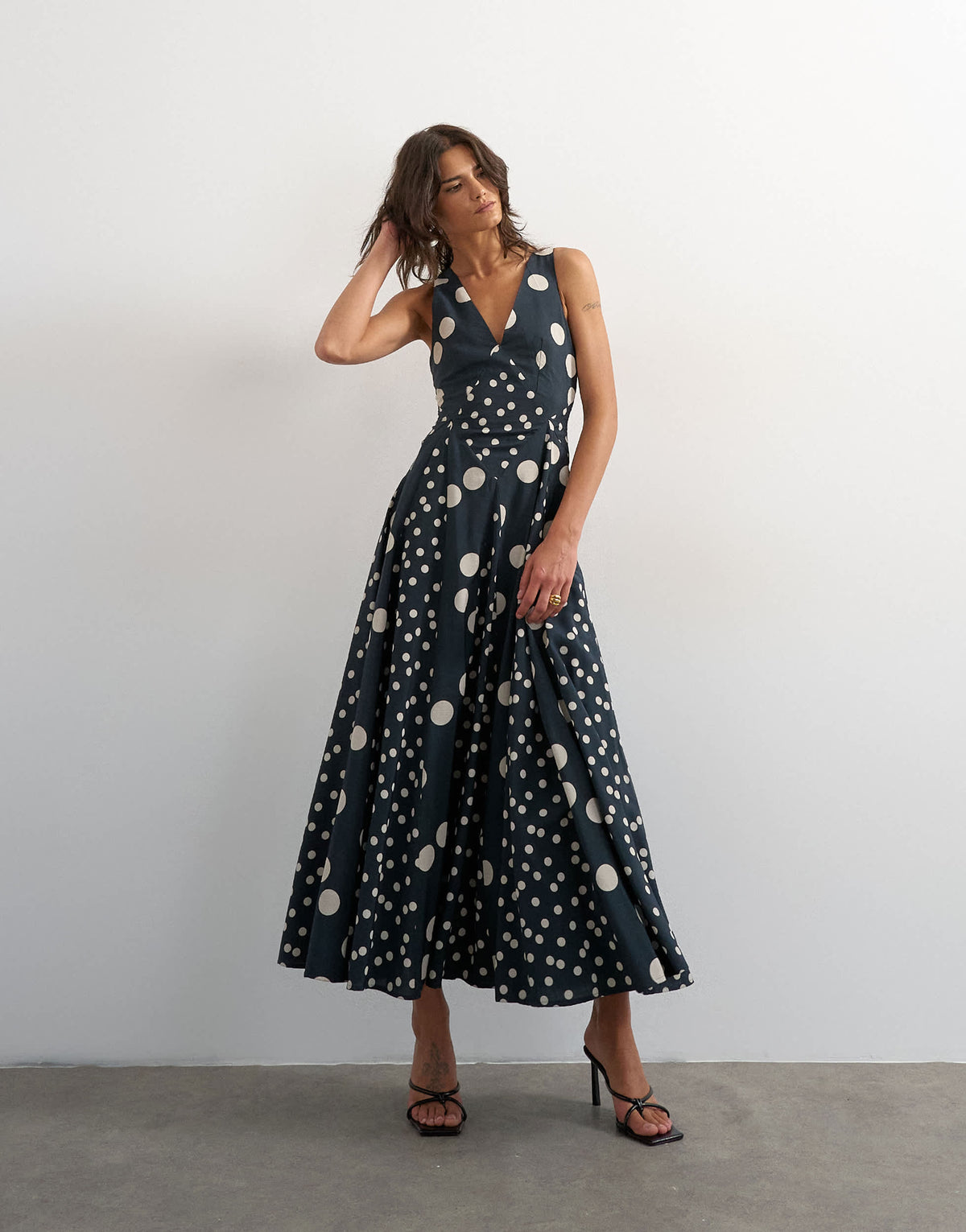Topshop deep v neck maxi dress in navy polka dot