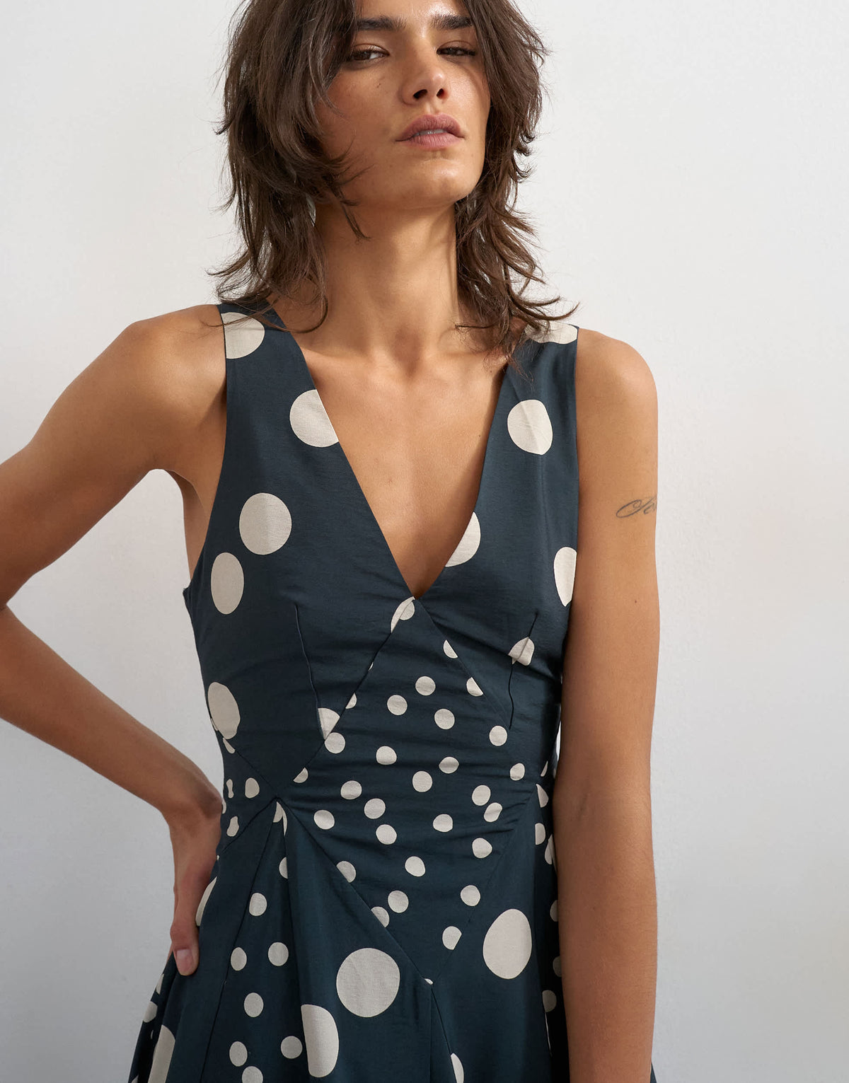 Topshop deep v neck maxi dress in navy polka dot