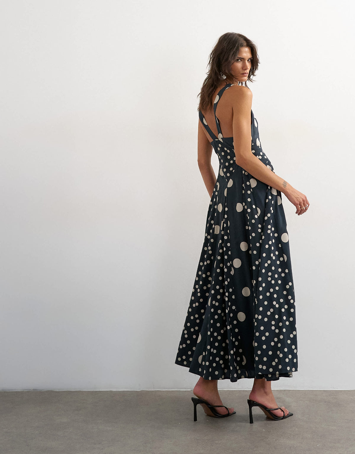 Topshop deep v neck maxi dress in navy polka dot