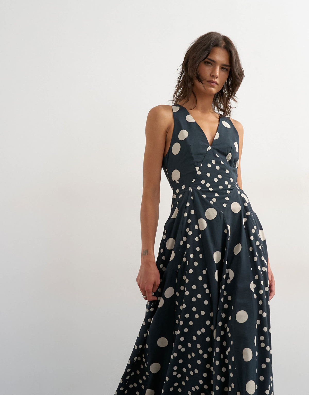Topshop deep v neck maxi dress in navy polka dot