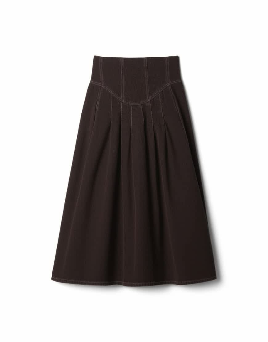 Tolu Coker x Topshop denim maxi pleated skirt circular design in brown rinse