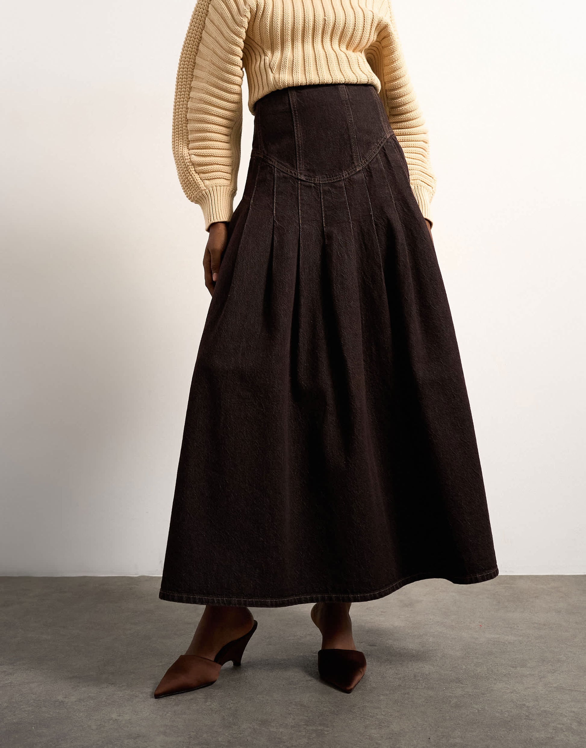 Tolu Coker x Topshop denim maxi pleated skirt circular design in brown rinse