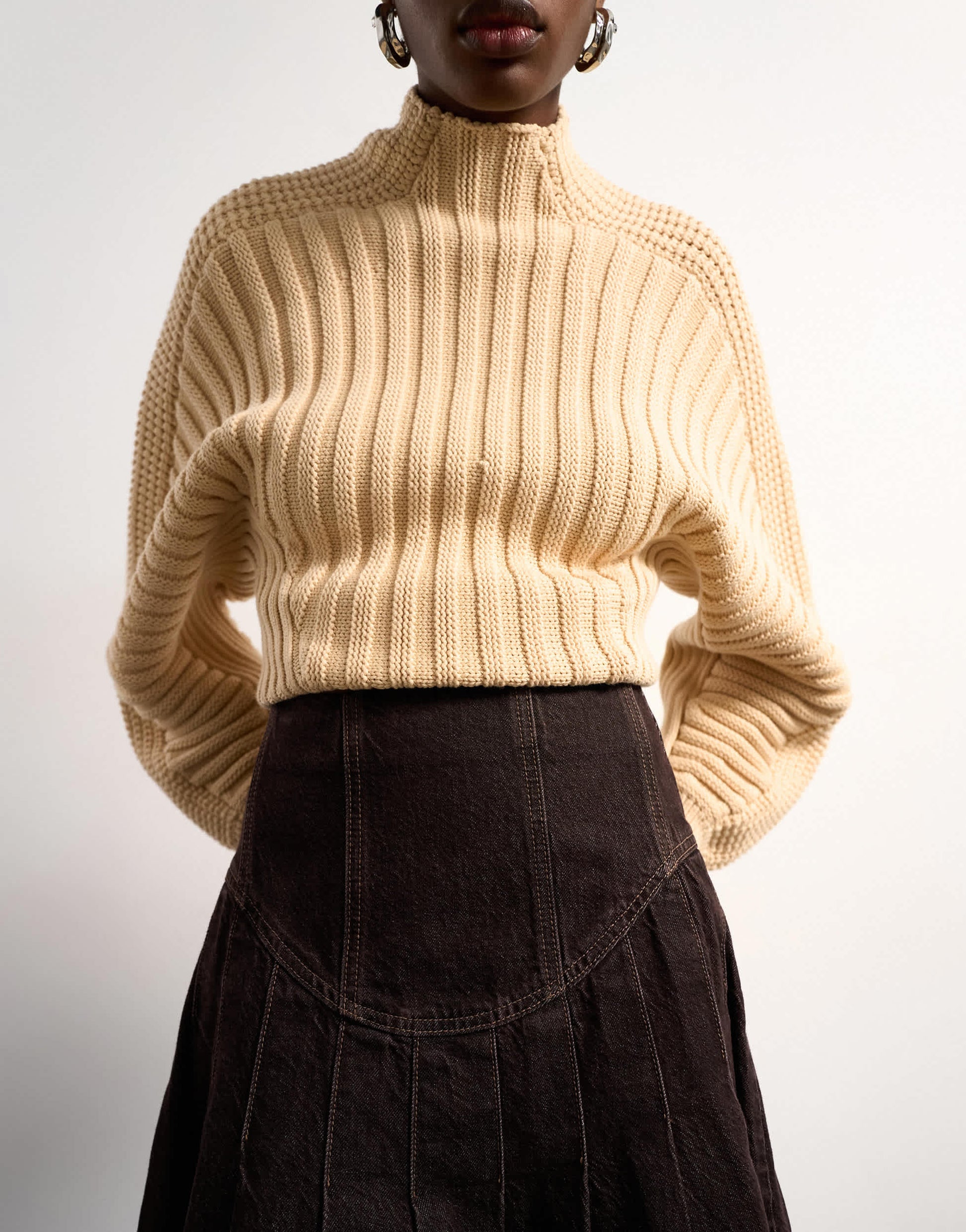 Tolu Coker x Topshop denim maxi pleated skirt circular design in brown rinse