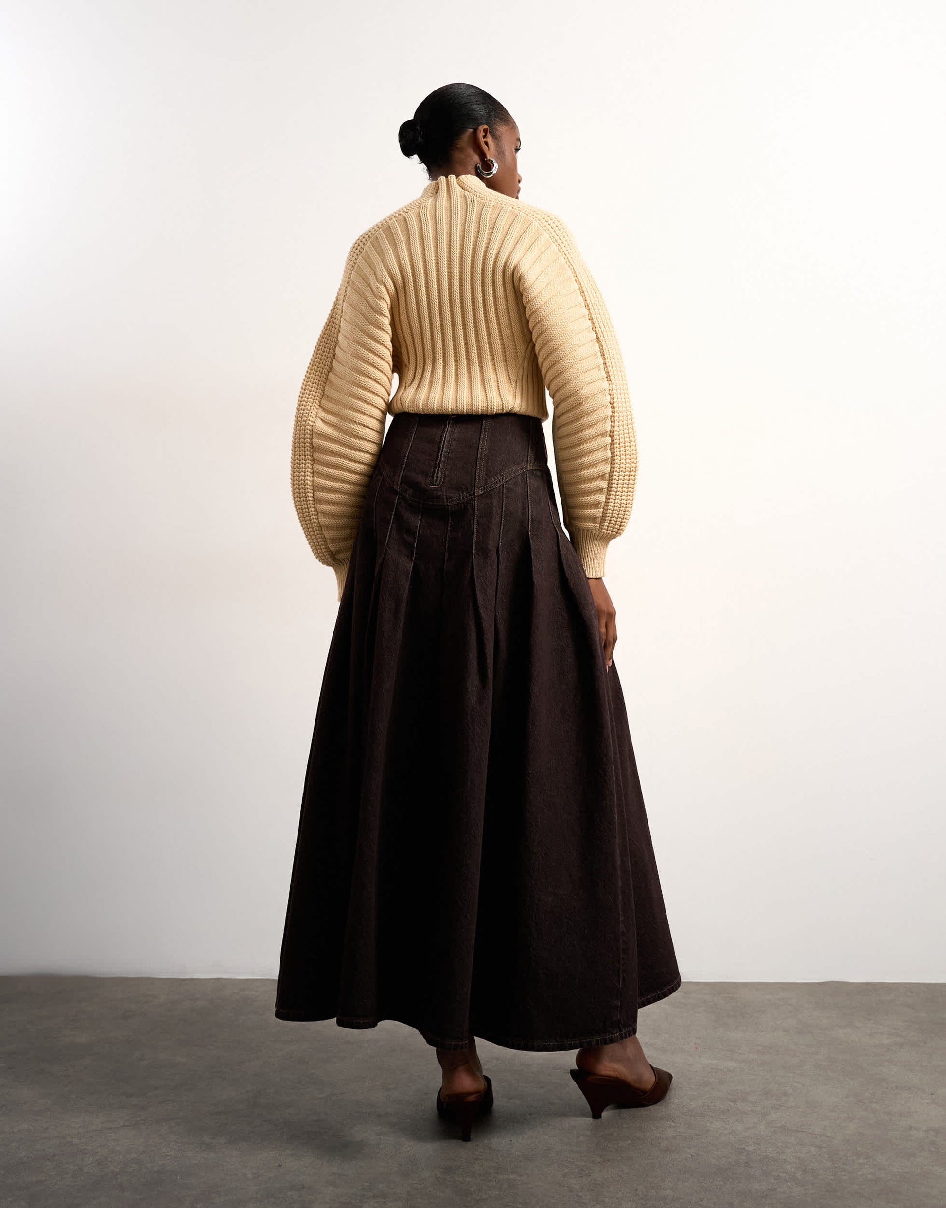 Tolu Coker x Topshop denim maxi pleated skirt circular design in brown rinse