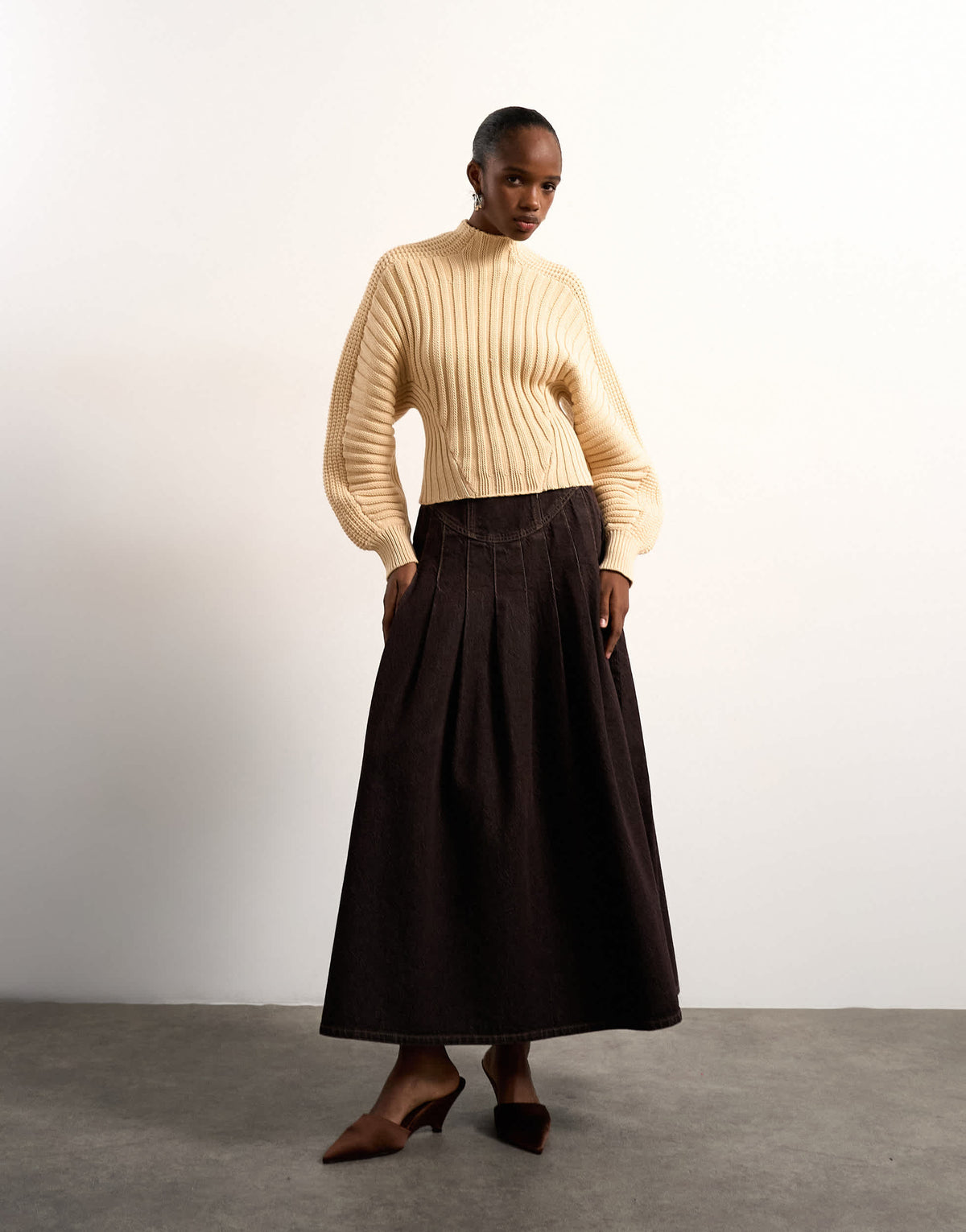 Tolu Coker x Topshop denim maxi pleated skirt circular design in brown rinse