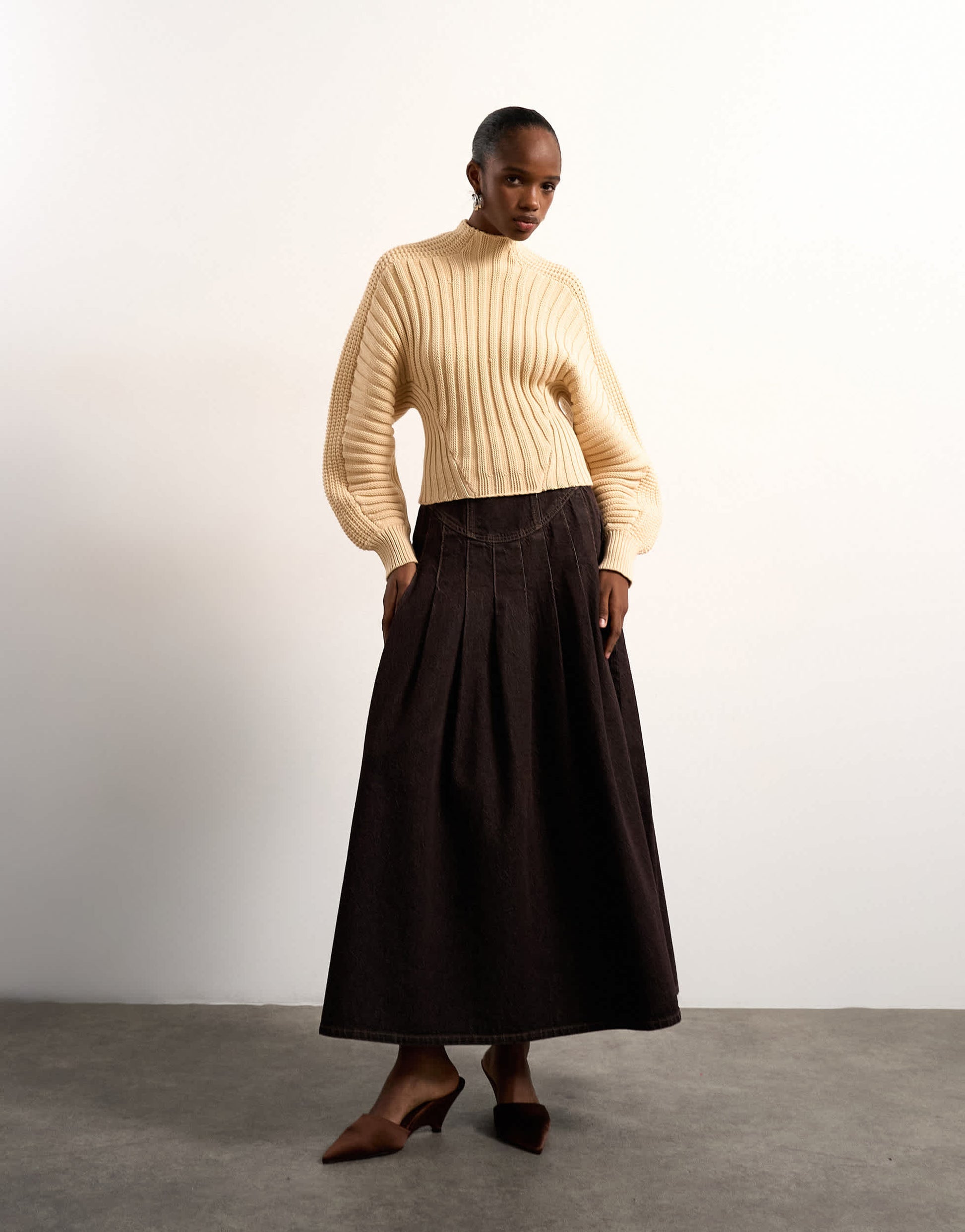 Tolu Coker x Topshop denim maxi pleated skirt circular design in brown rinse