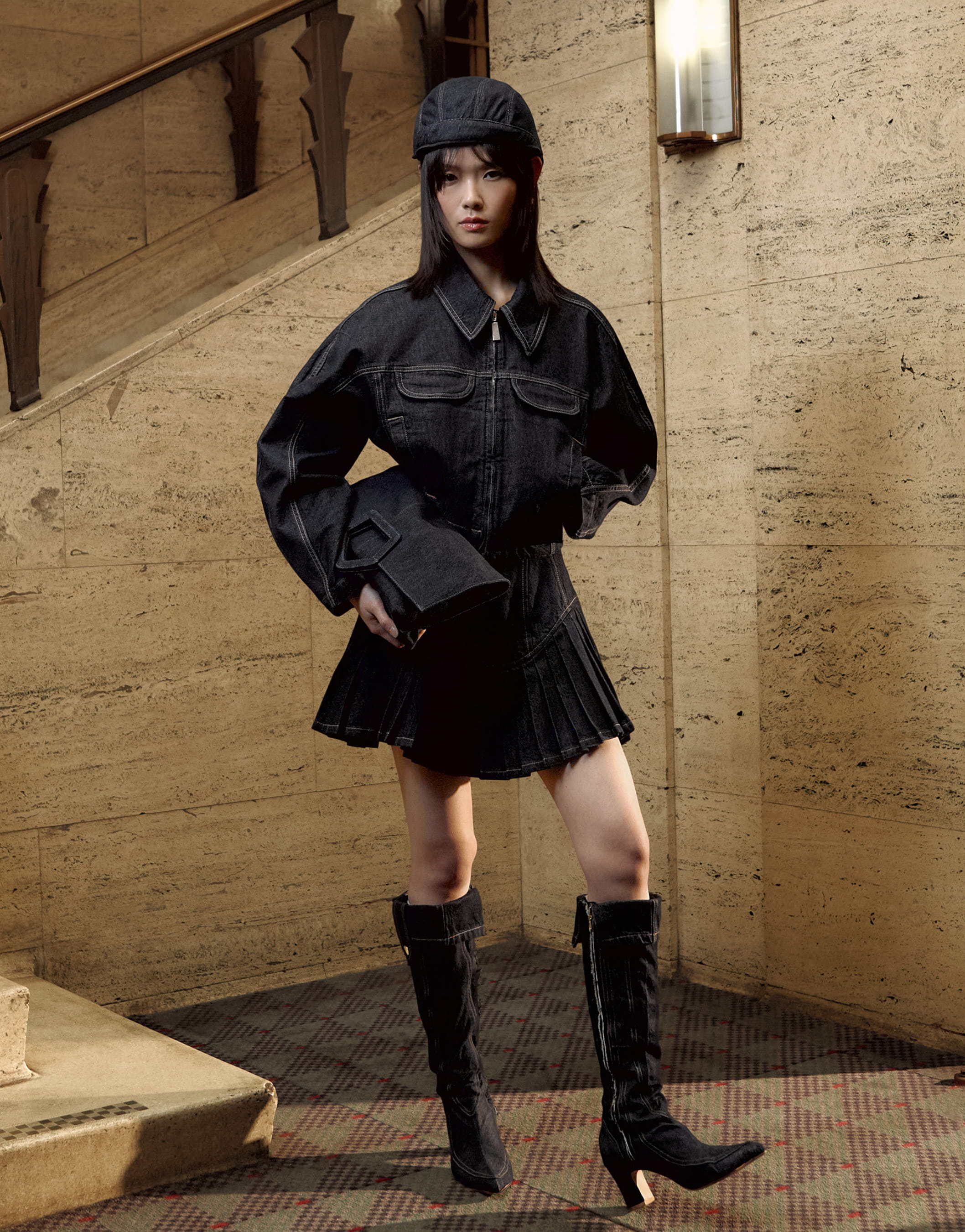 Tolu Coker x Topshop denim super mini pleated skirt circular design in deep blue