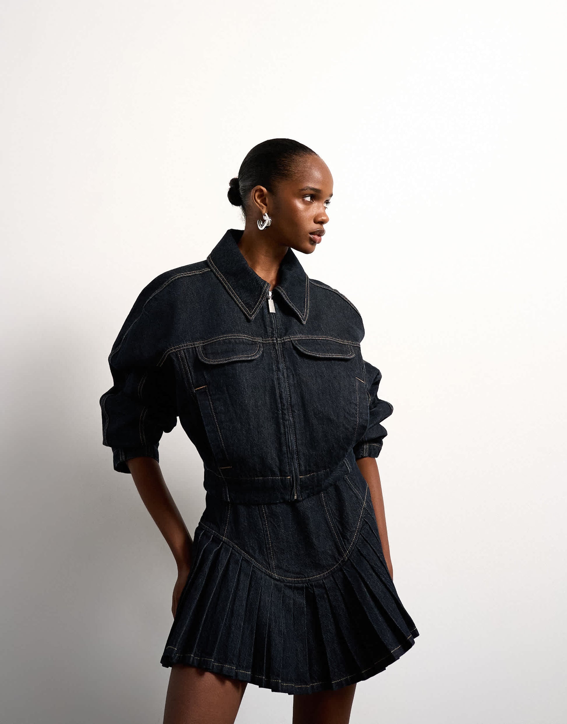 Tolu Coker x Topshop denim super mini pleated skirt circular design in deep blue