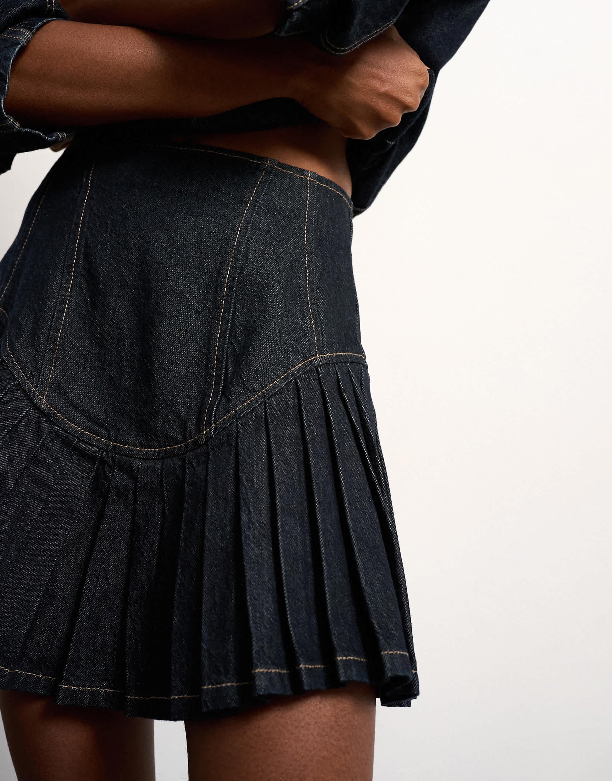 Tolu Coker x Topshop denim super mini pleated skirt circular design in deep blue