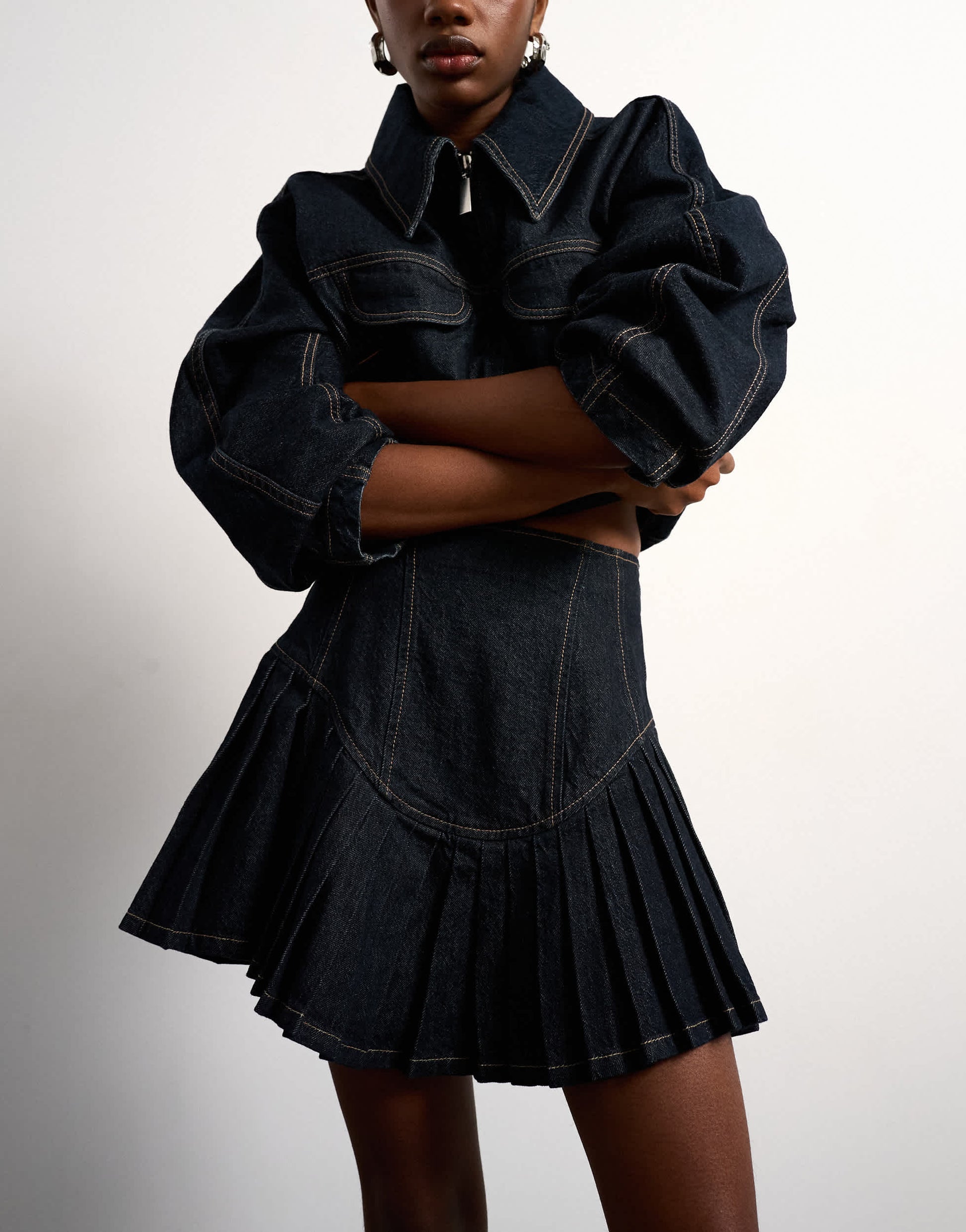 Tolu Coker x Topshop denim super mini pleated skirt circular design in deep blue