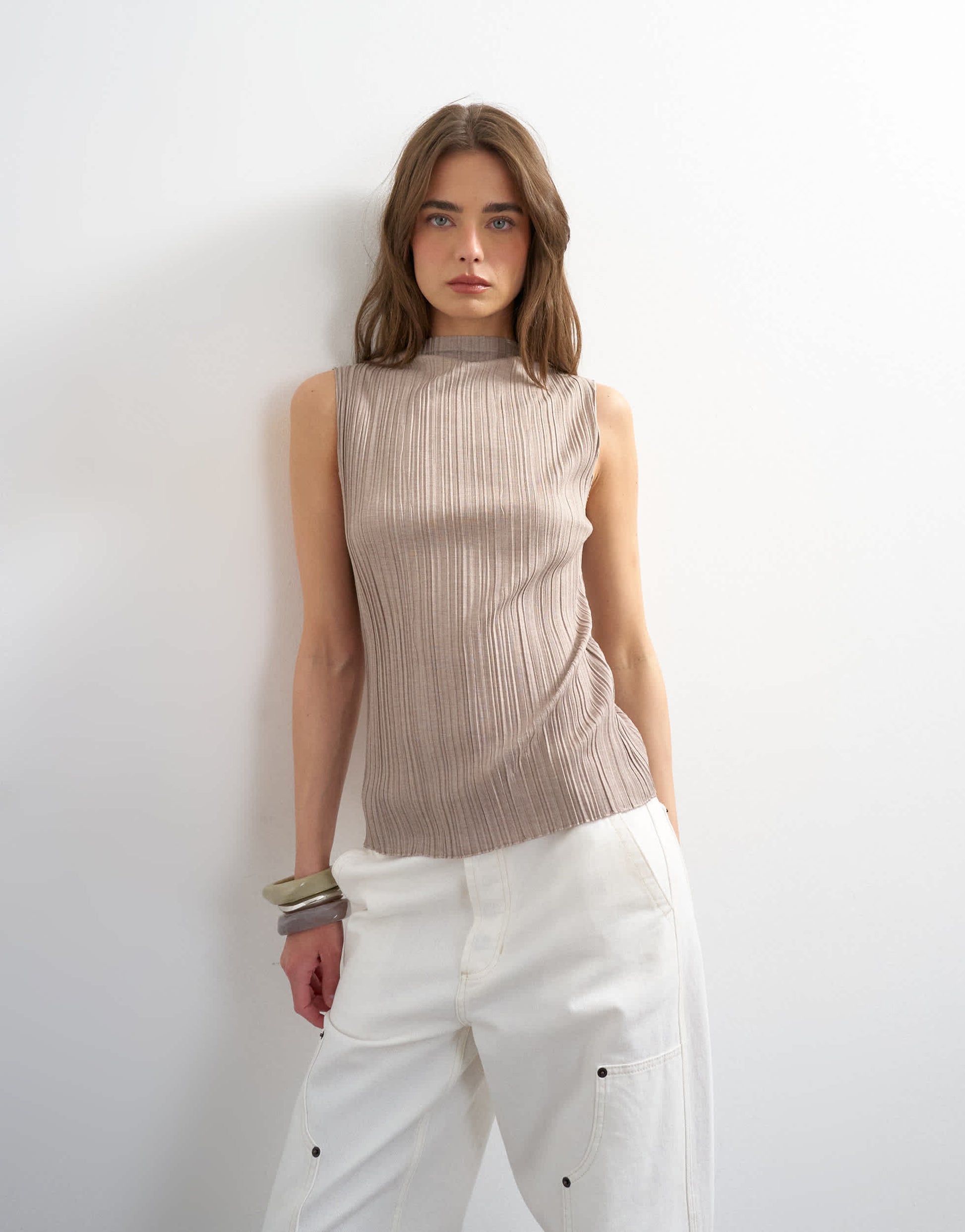 Topshop high neck sleeveless plisse top in oat