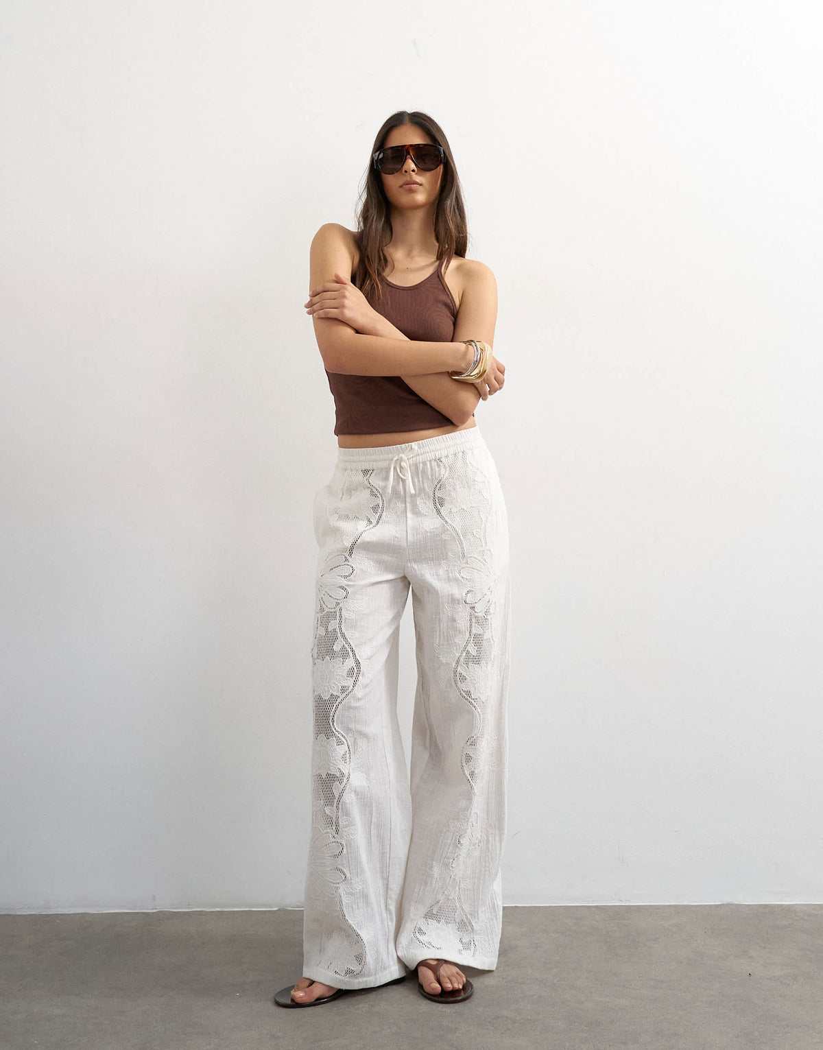Topshop straight broderie trouser in ecru