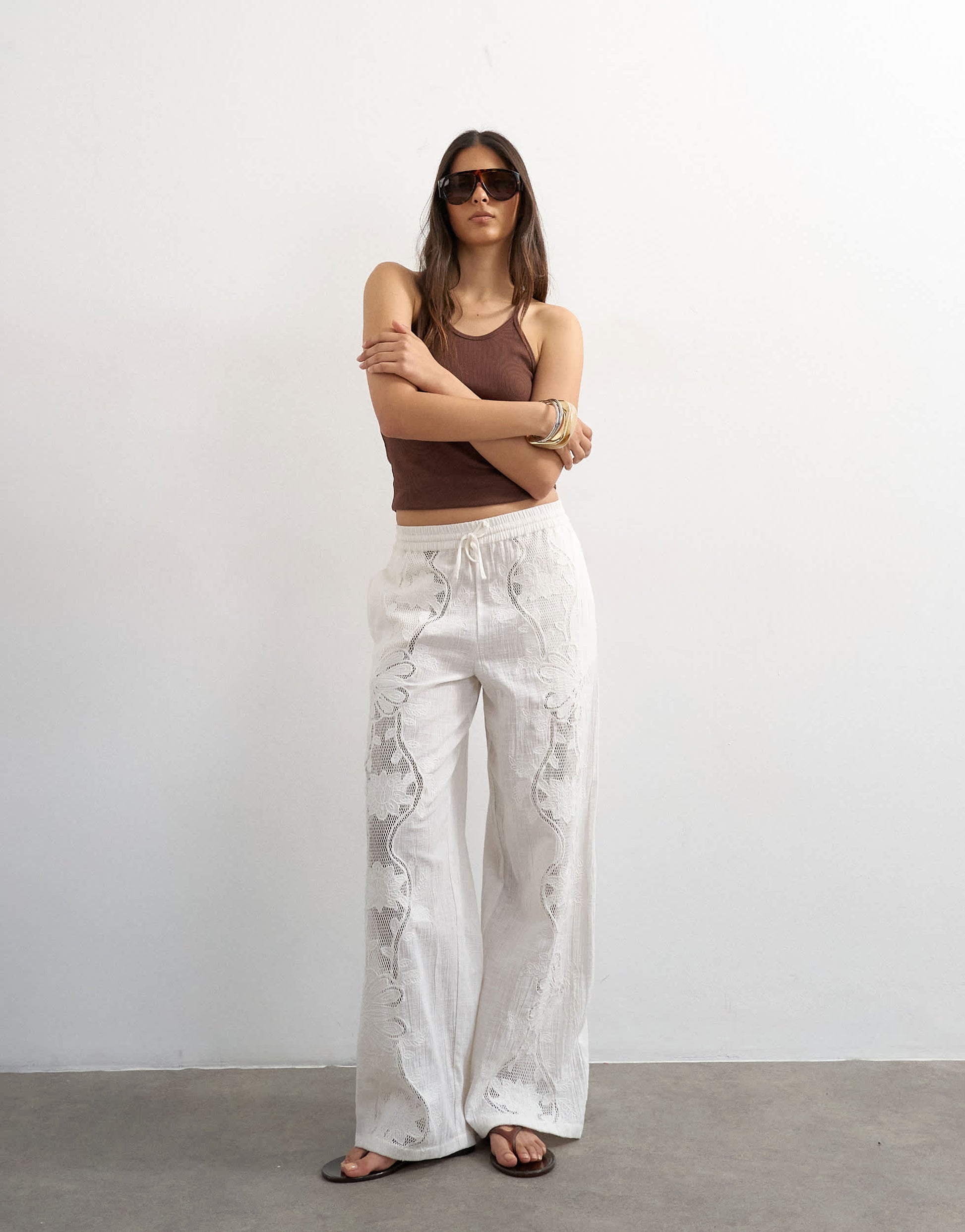 Topshop straight broderie trouser in ecru