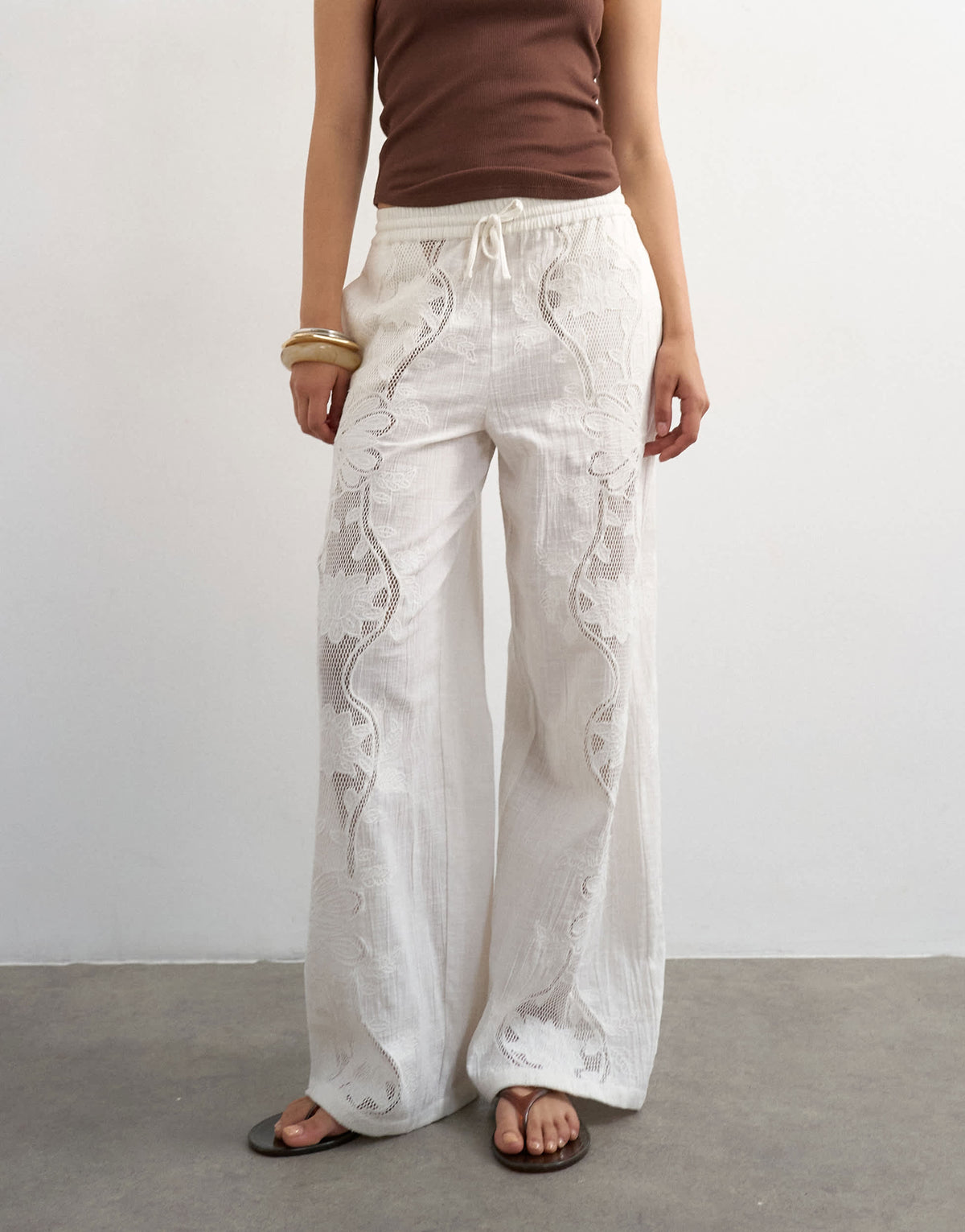 Topshop straight broderie trouser in ecru