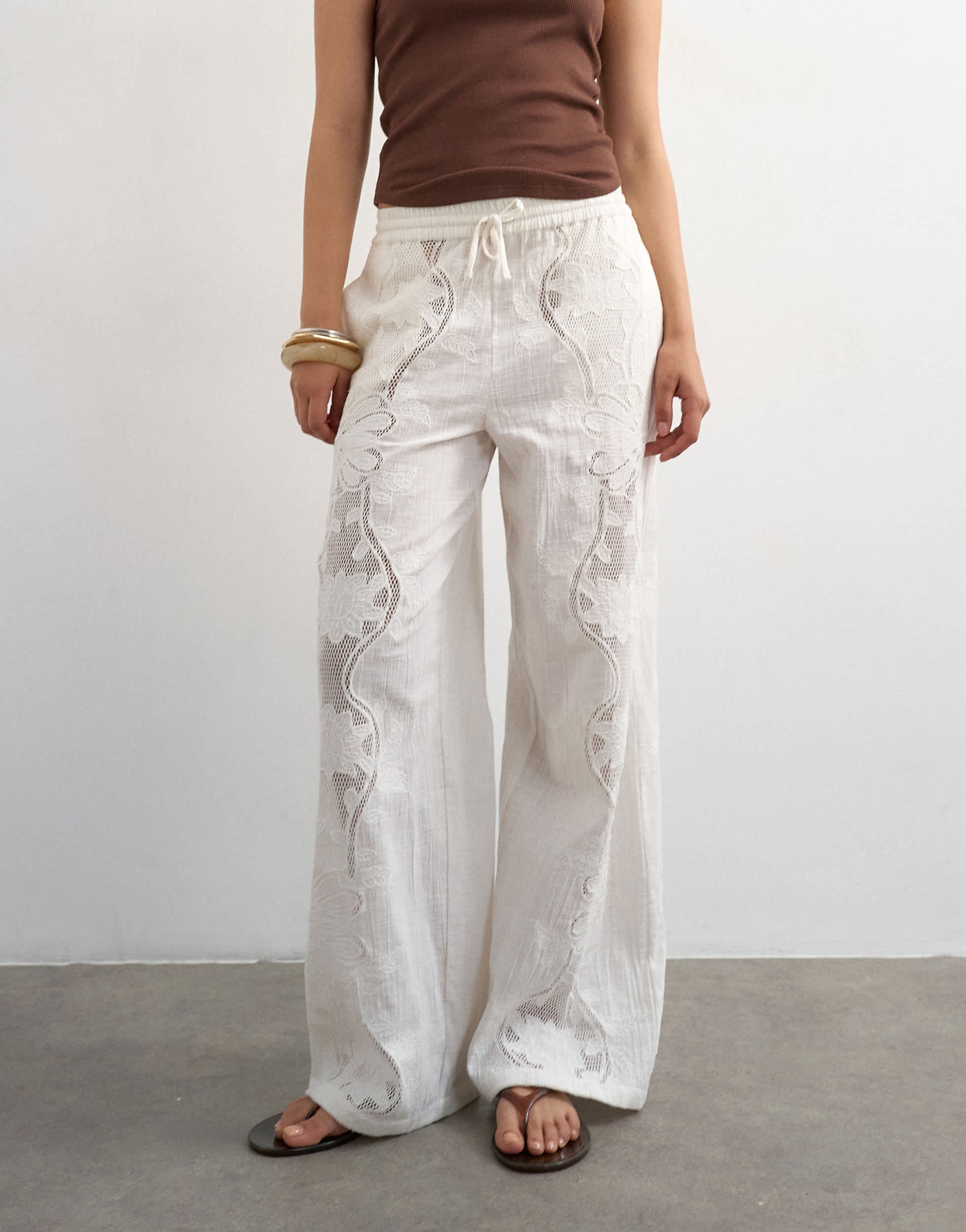 Topshop straight broderie trouser in ecru