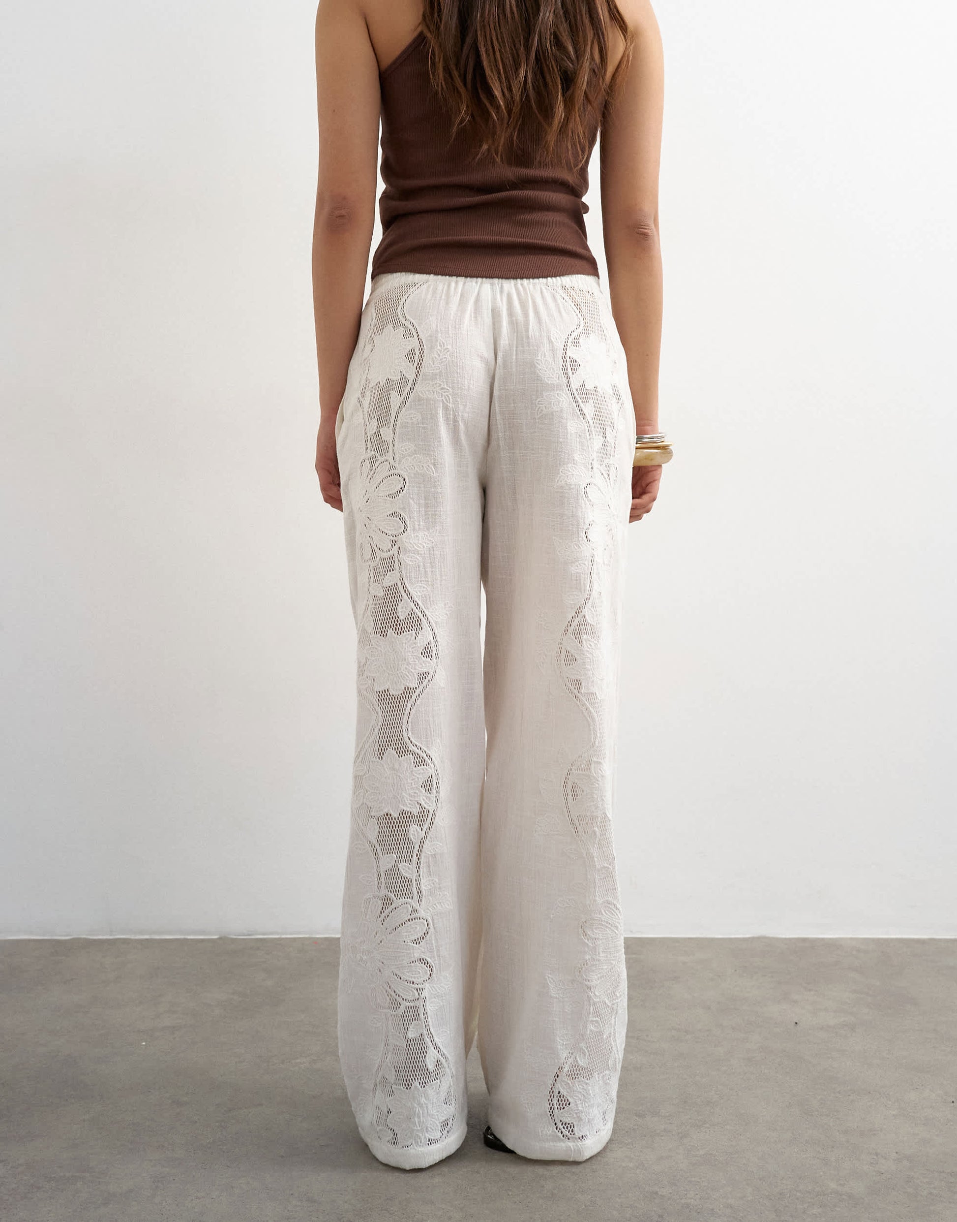 Topshop straight broderie trouser in ecru
