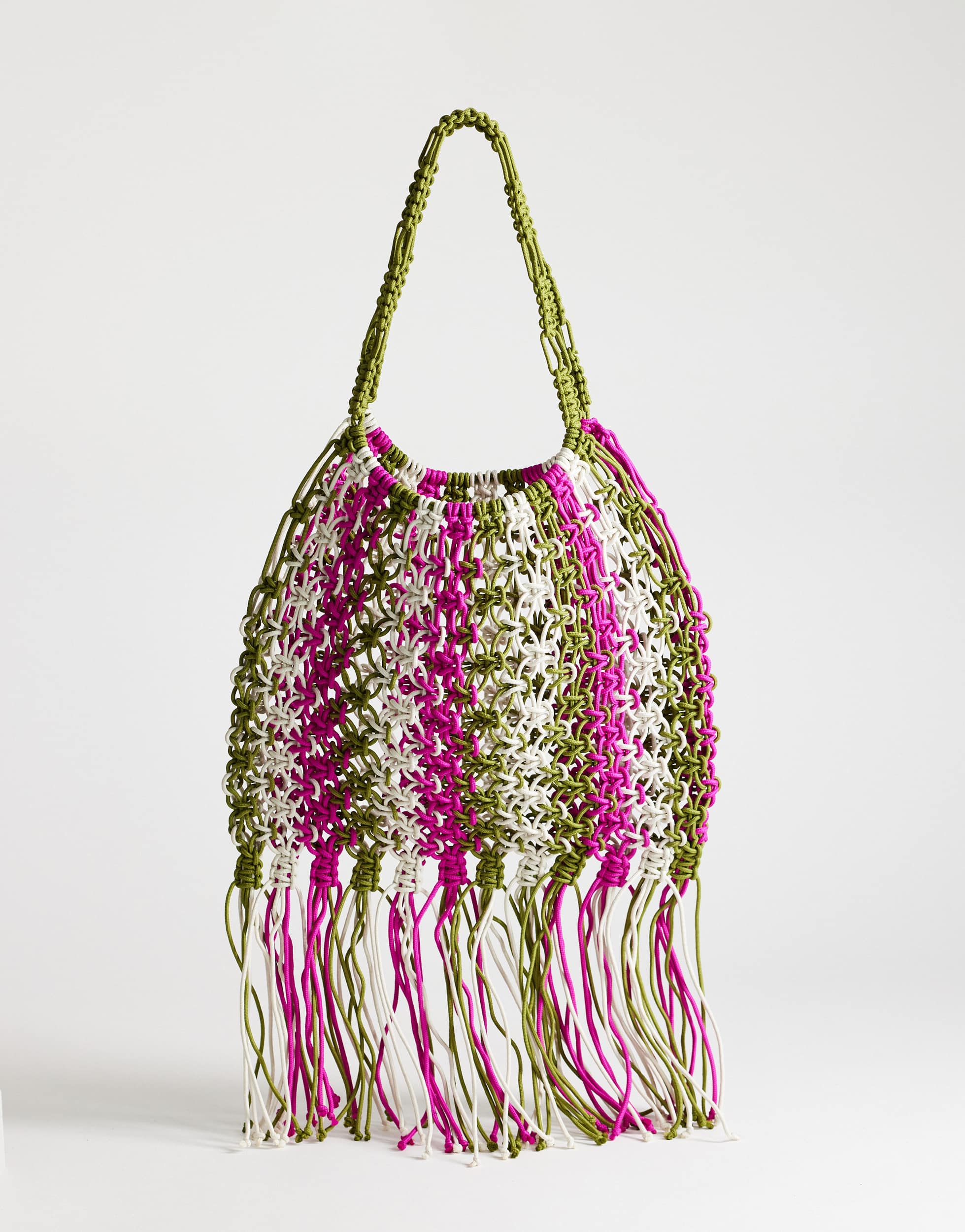 Topshop Milan medium crochet tassel bag in khaki stripe