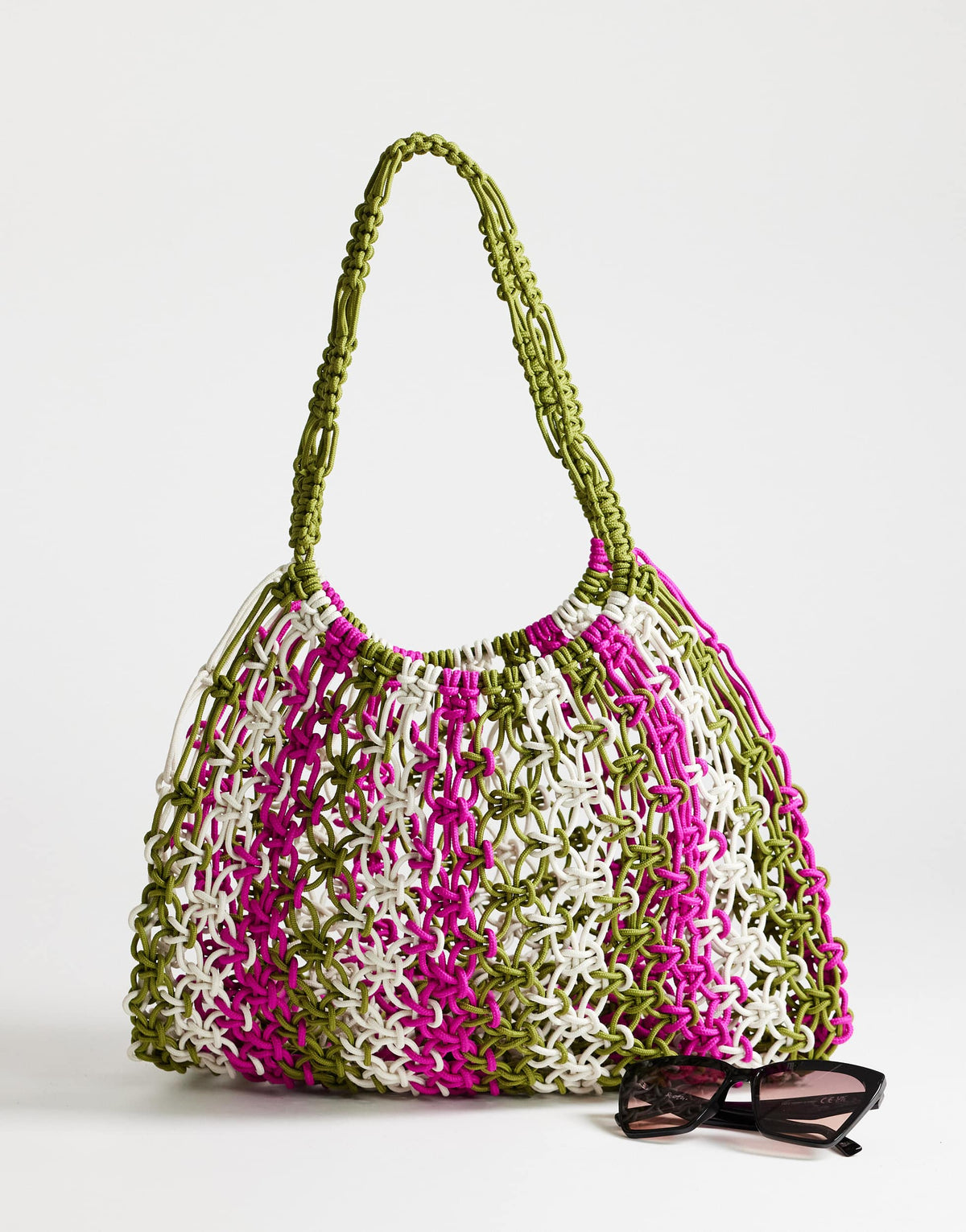 Topshop Milan medium crochet tassel bag in khaki stripe