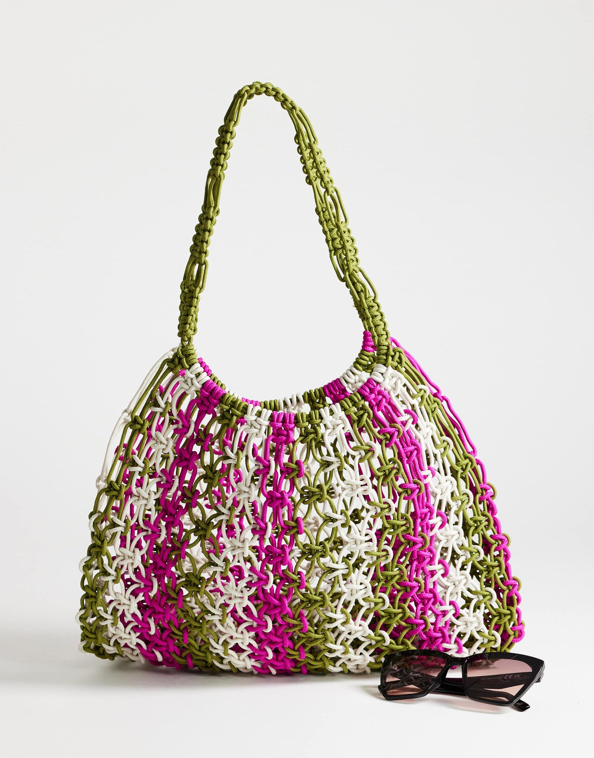 Topshop Milan medium crochet tassel bag in khaki stripe
