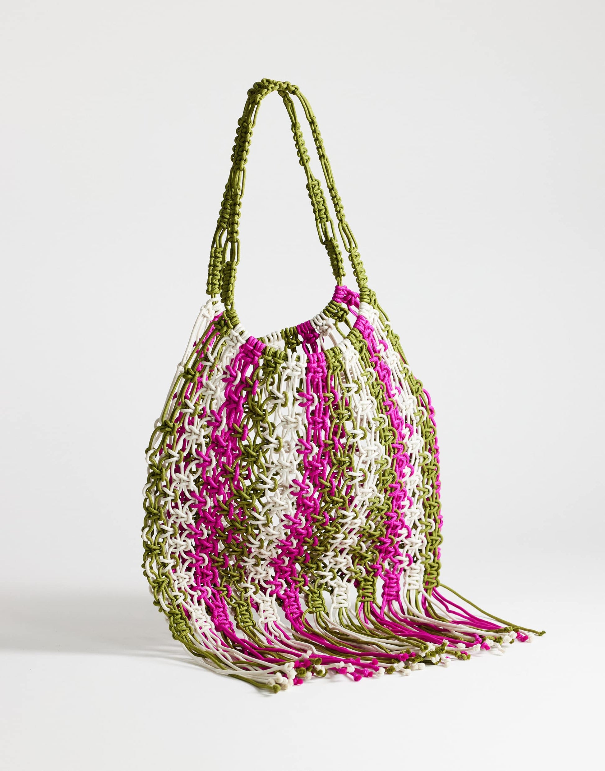Topshop Milan medium crochet tassel bag in khaki stripe