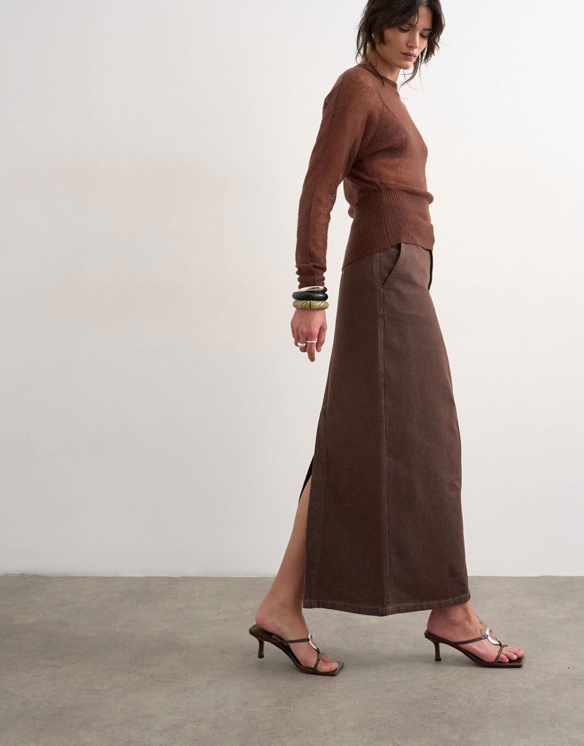 Topshop denim column maxi skirt in chocolate