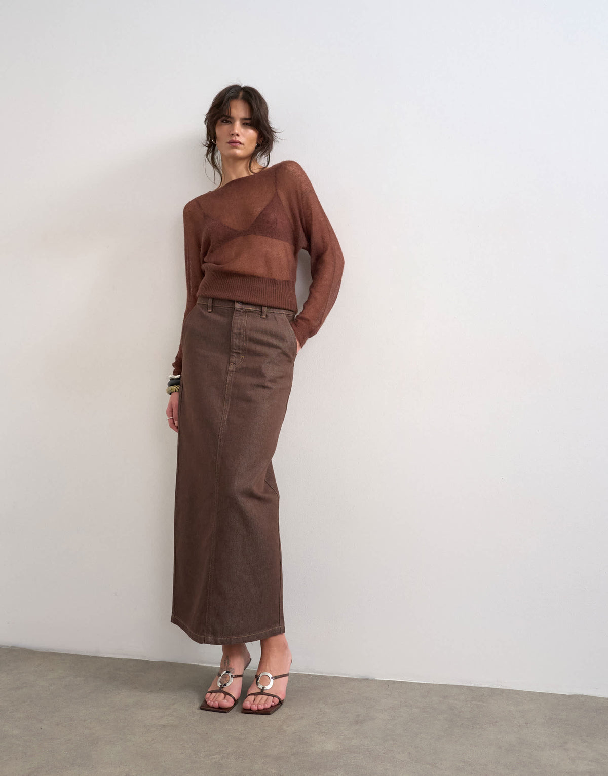 Topshop denim column maxi skirt in chocolate