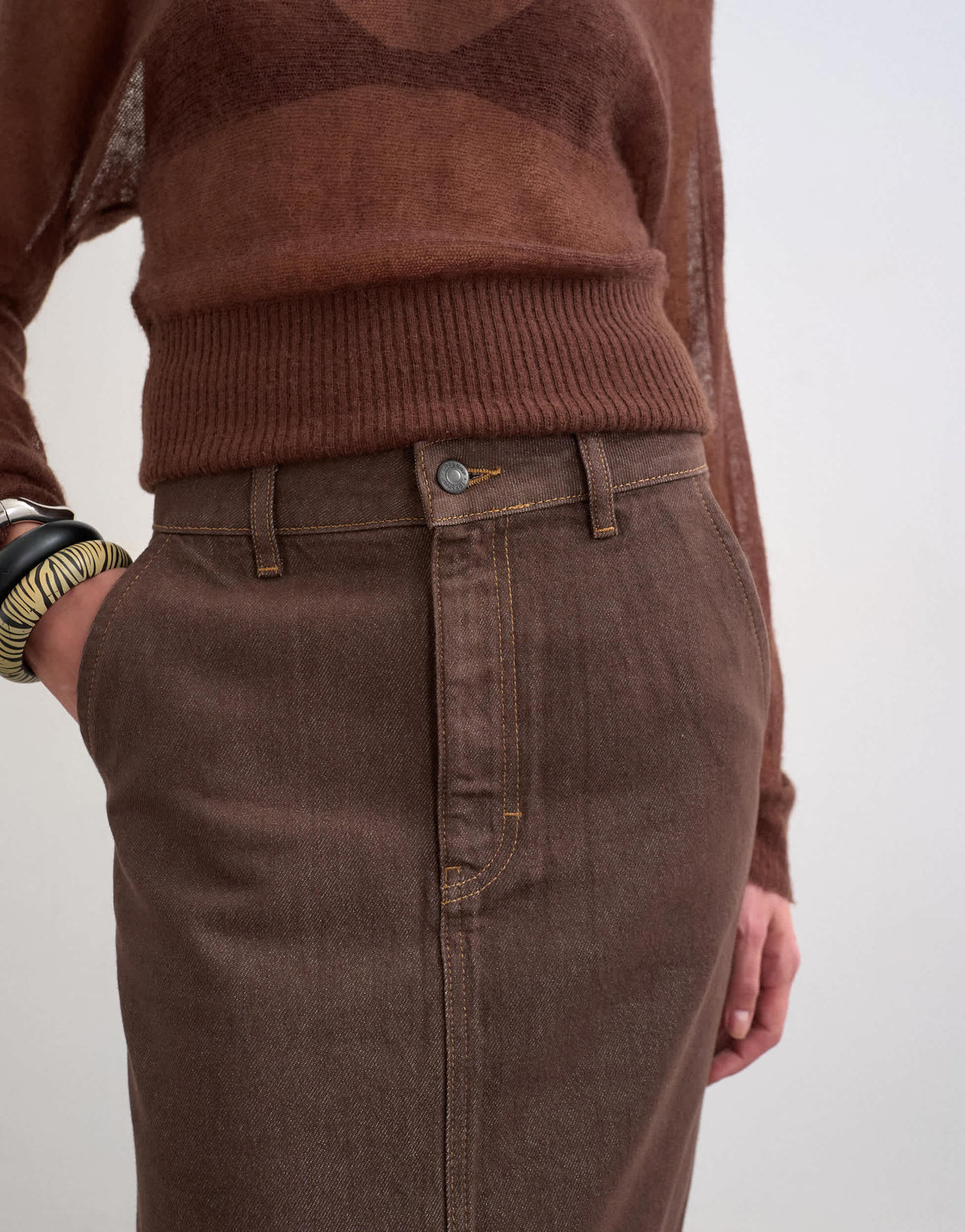 Topshop denim column maxi skirt in chocolate