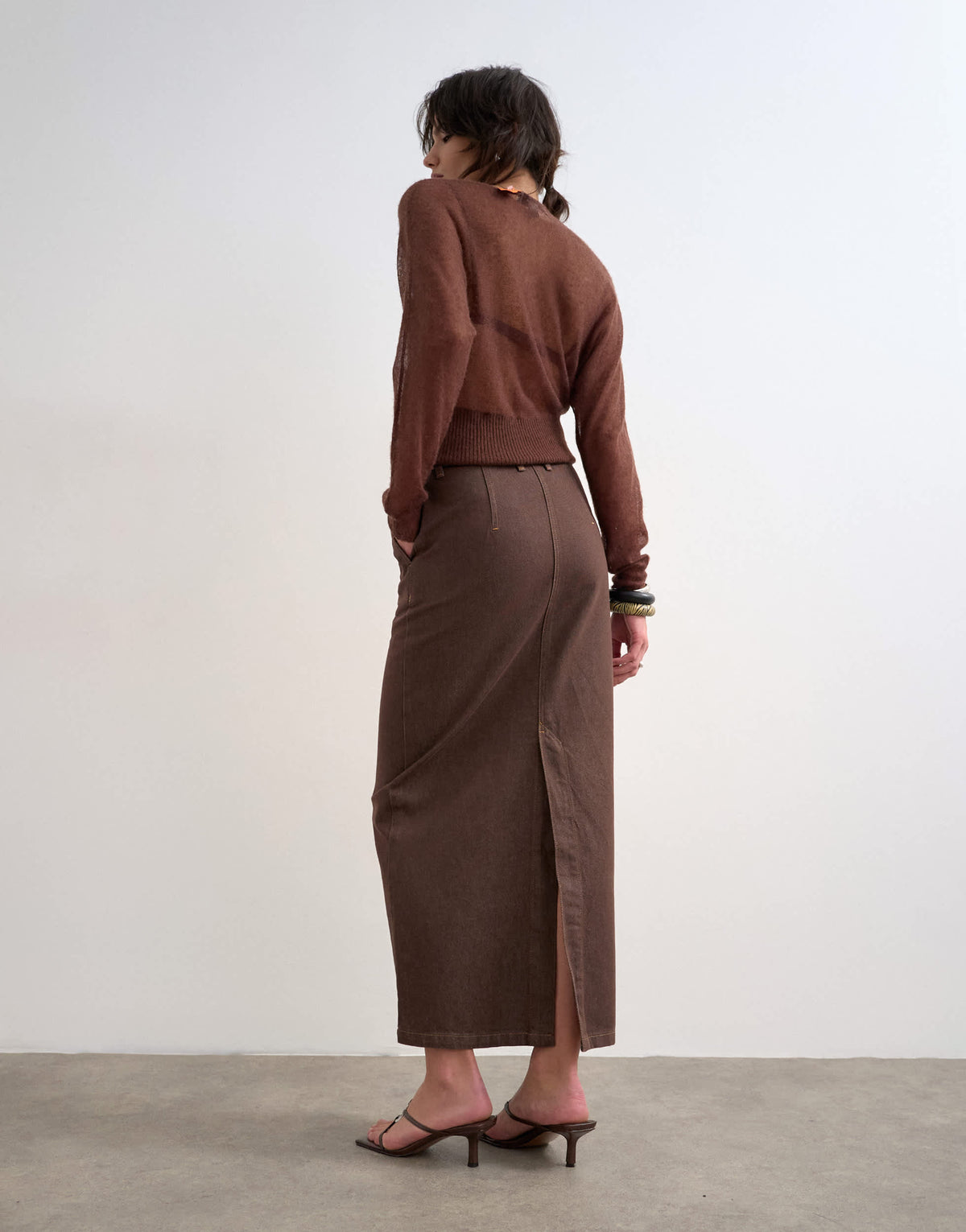 Topshop denim column maxi skirt in chocolate