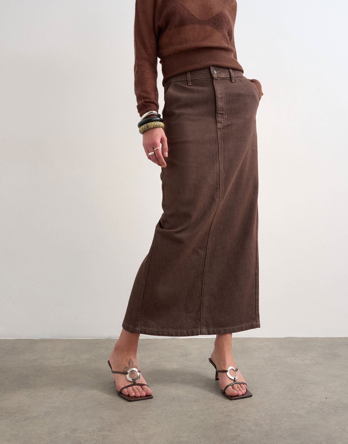 Topshop denim column maxi skirt in chocolate