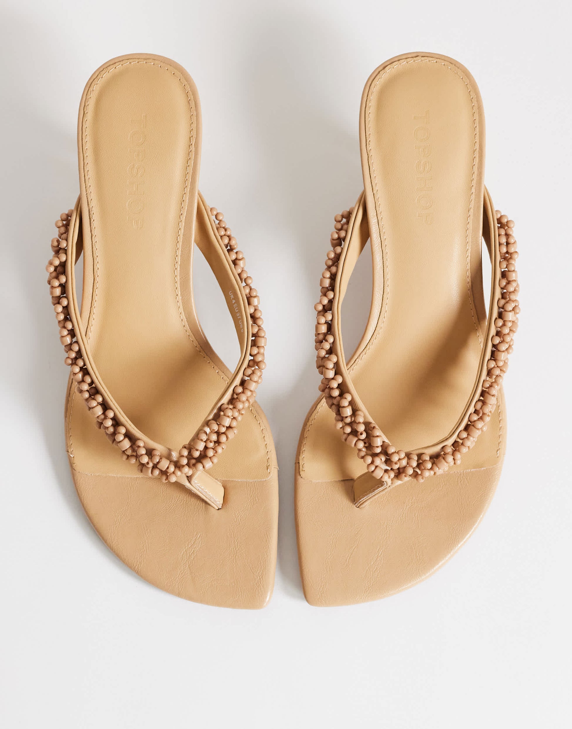 Topshop Nolan beaded toe thong mid heel sandal in camel