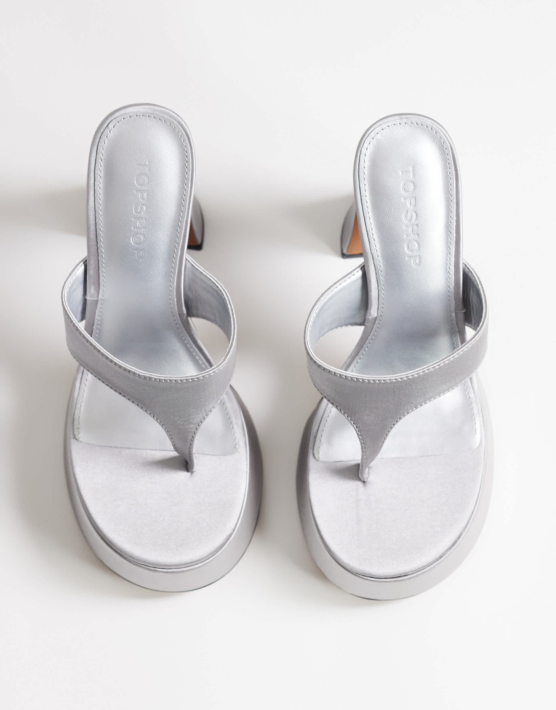 Topshop Nima platform high heeled toe thong sandal in grey satin