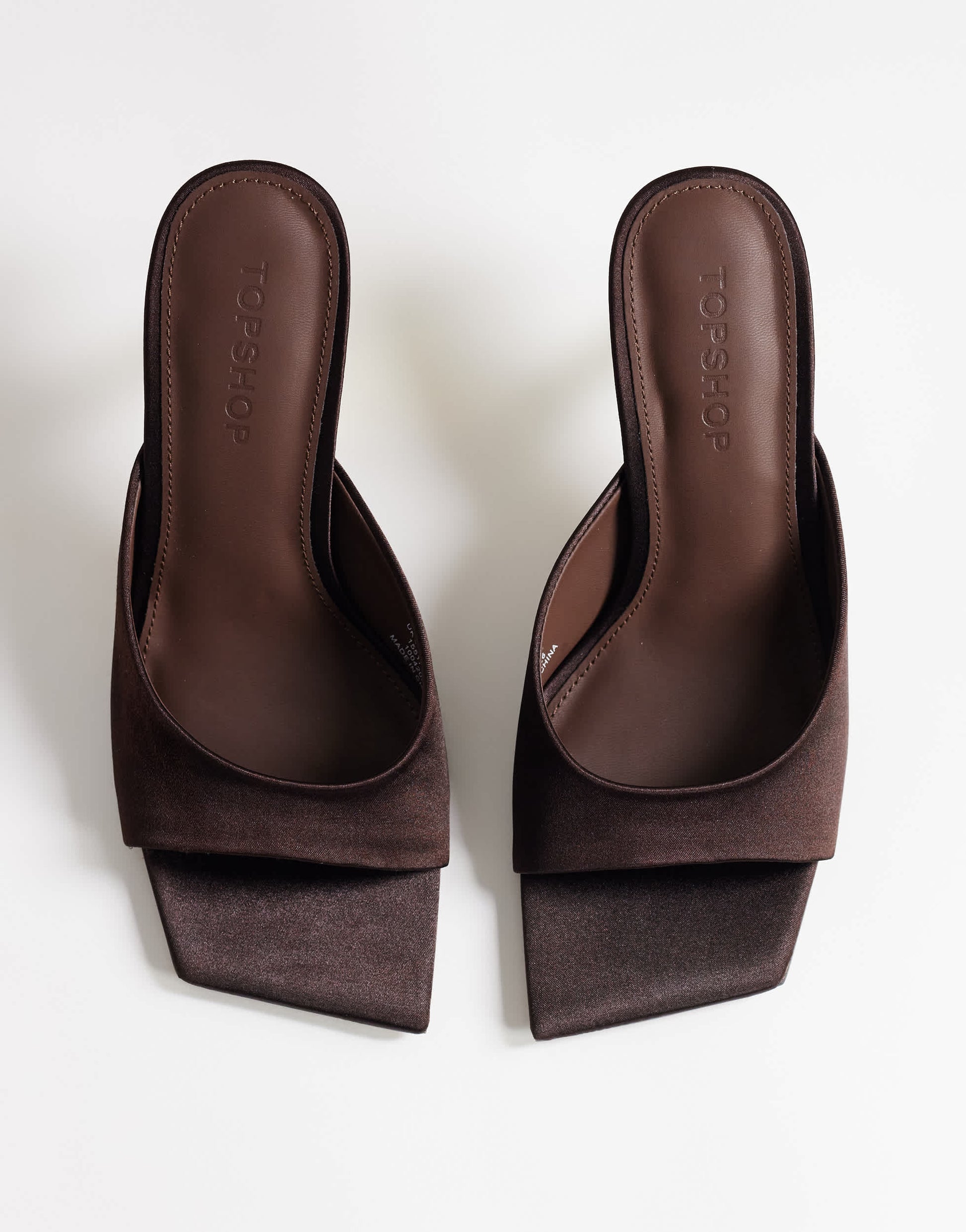 Topshop Nicole angular mid heel mule in chocolate satin