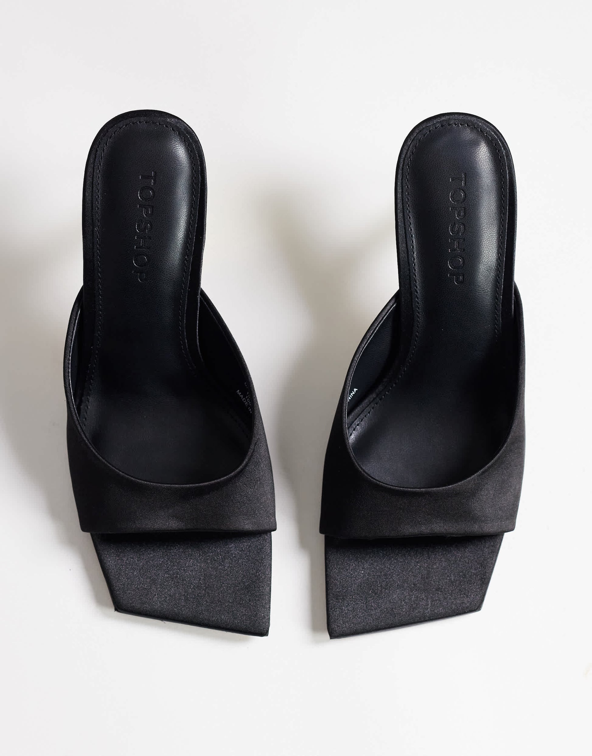 Topshop Nicole angular mid heel mule in black satin