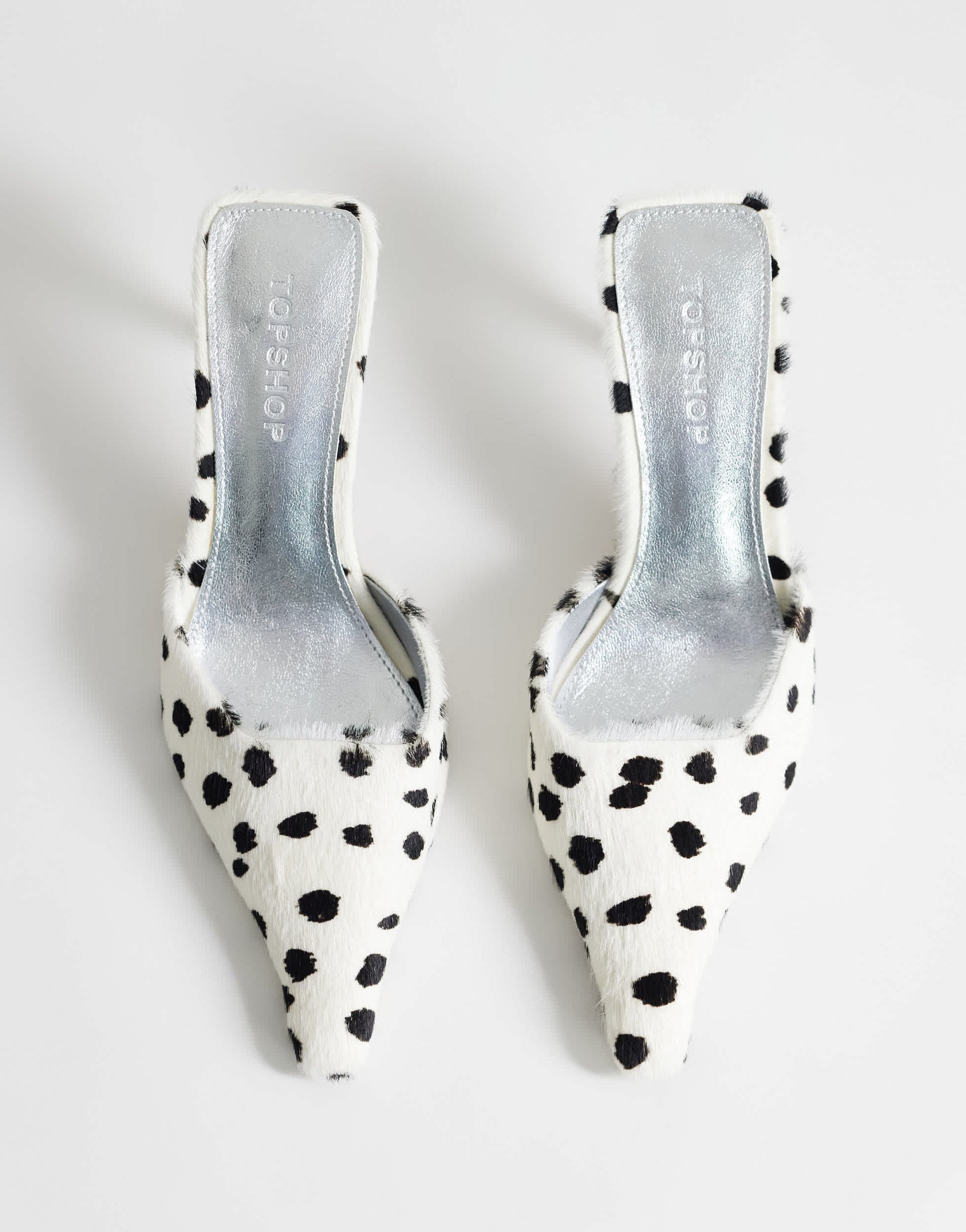 Topshop Alfie real hair on leather pointed mid heeled court in dalmation