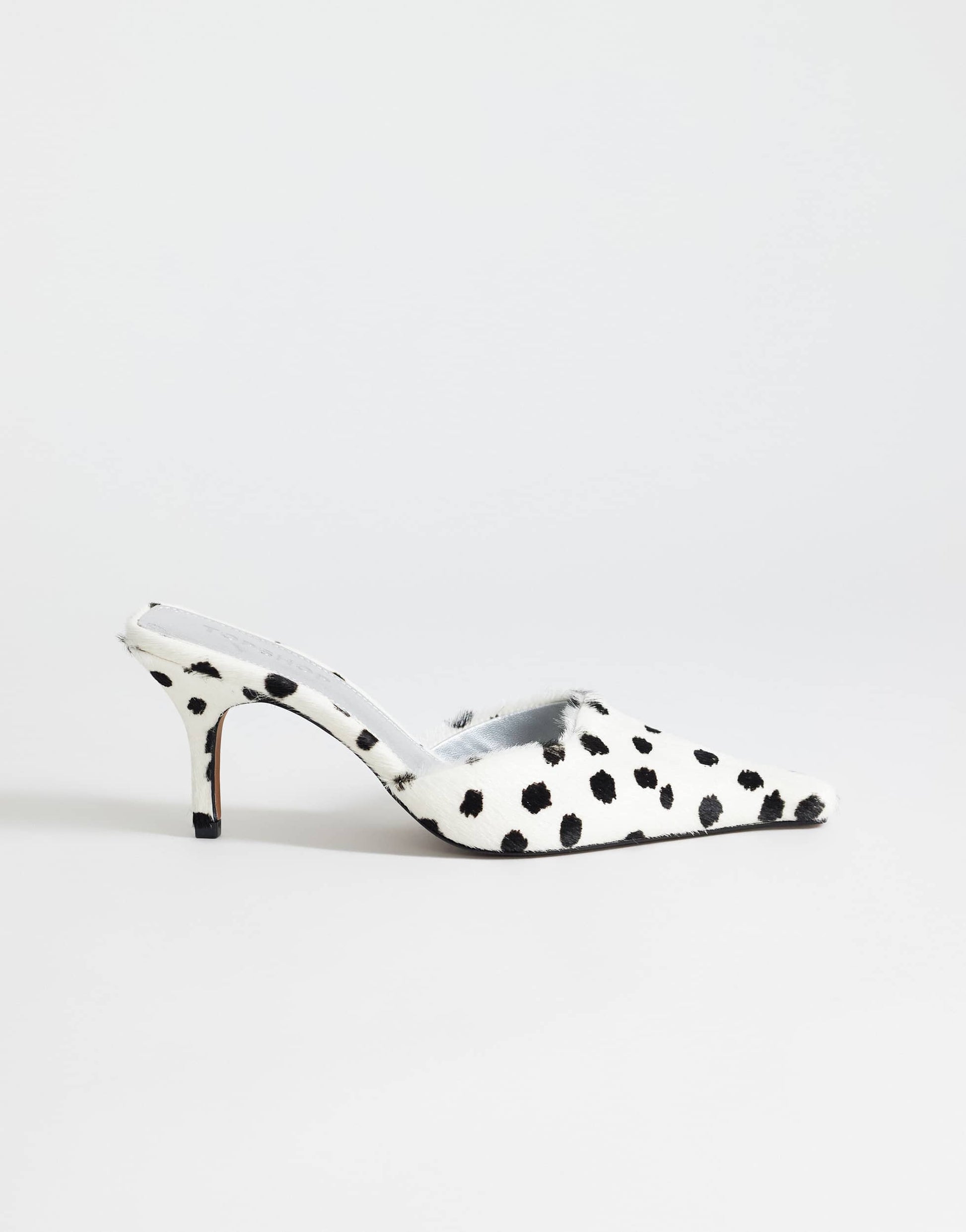 Topshop Alfie real hair on leather pointed mid heeled court in dalmation