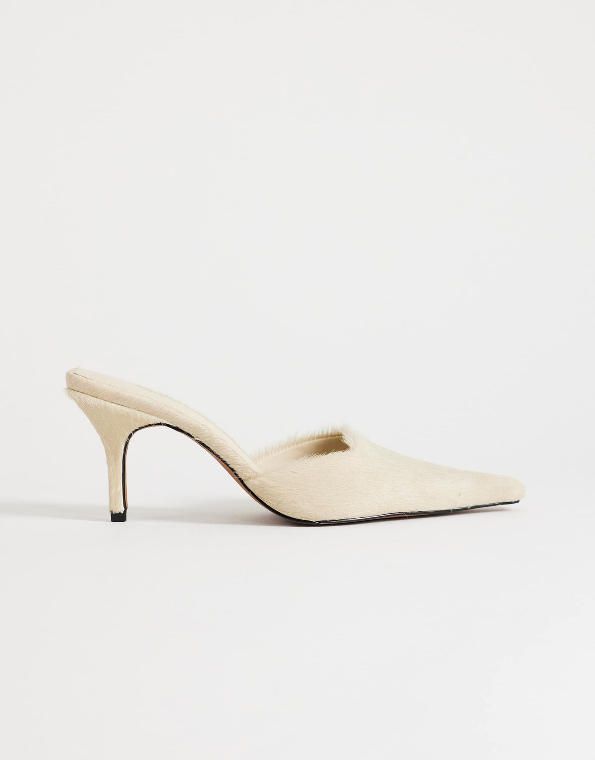 Topshop Alfie real hair on leather pointed mid heeled mule court shoe in off white