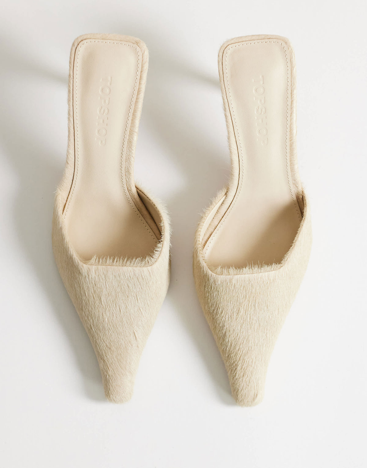 Topshop Alfie real hair on leather pointed mid heeled mule court shoe in off white