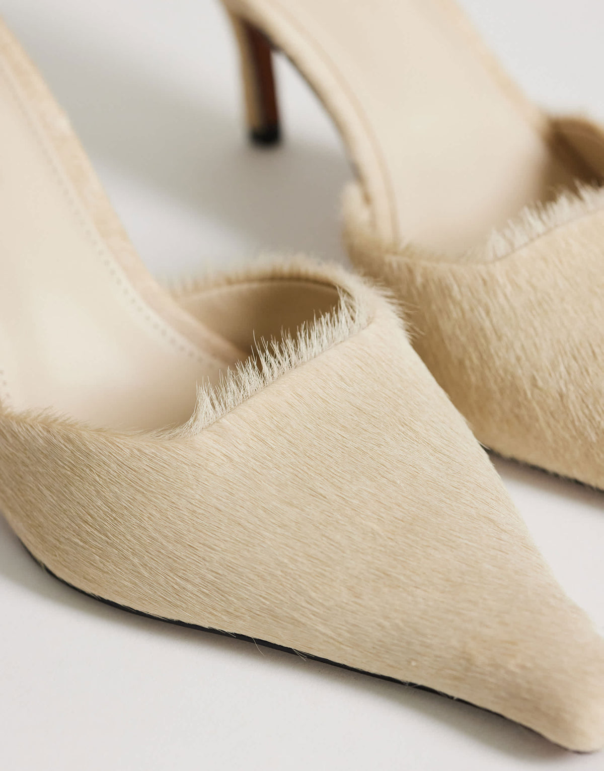 Topshop Alfie real hair on leather pointed mid heeled mule court shoe in off white