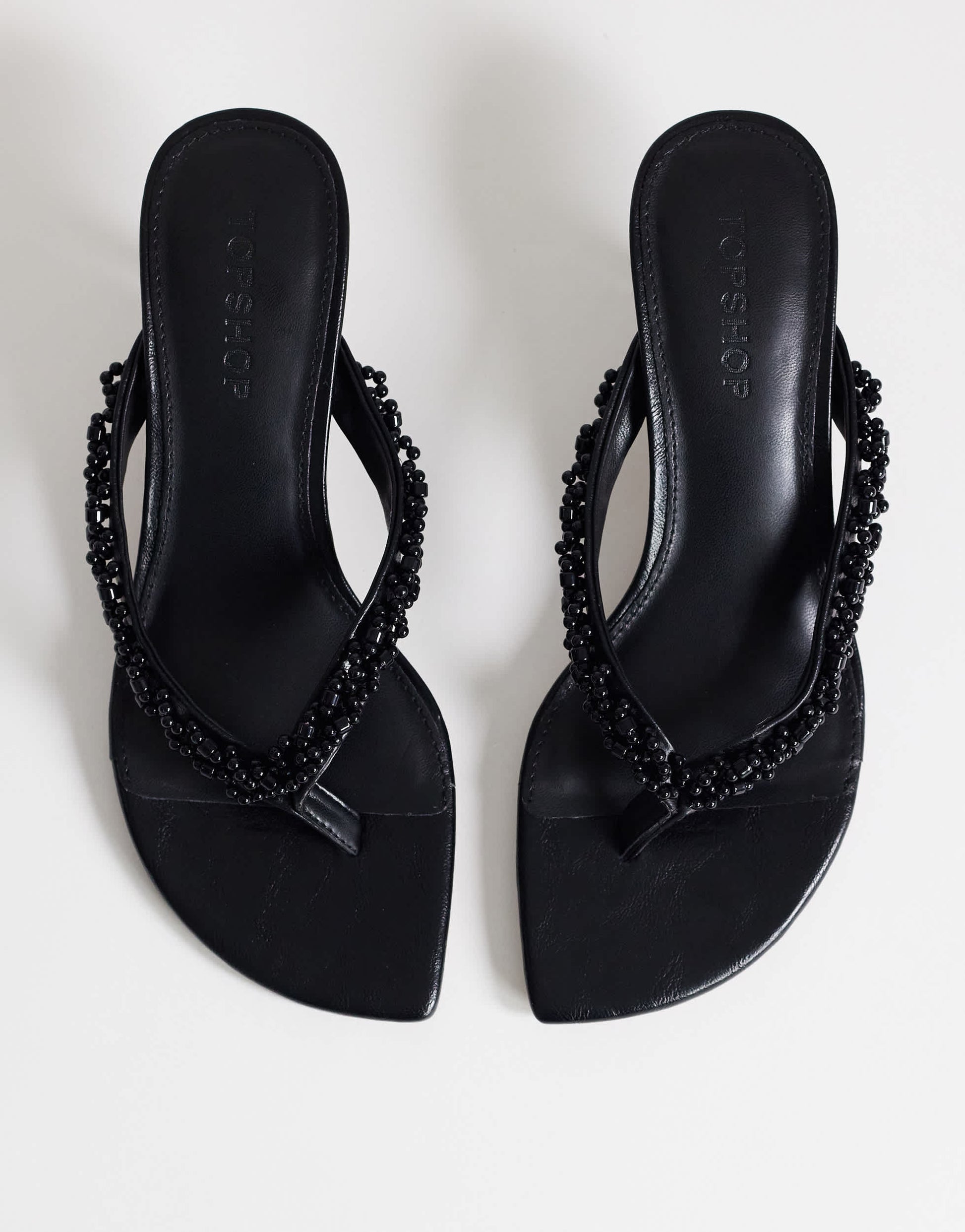 Topshop Nolan beaded toe thong mid heel sandal in black