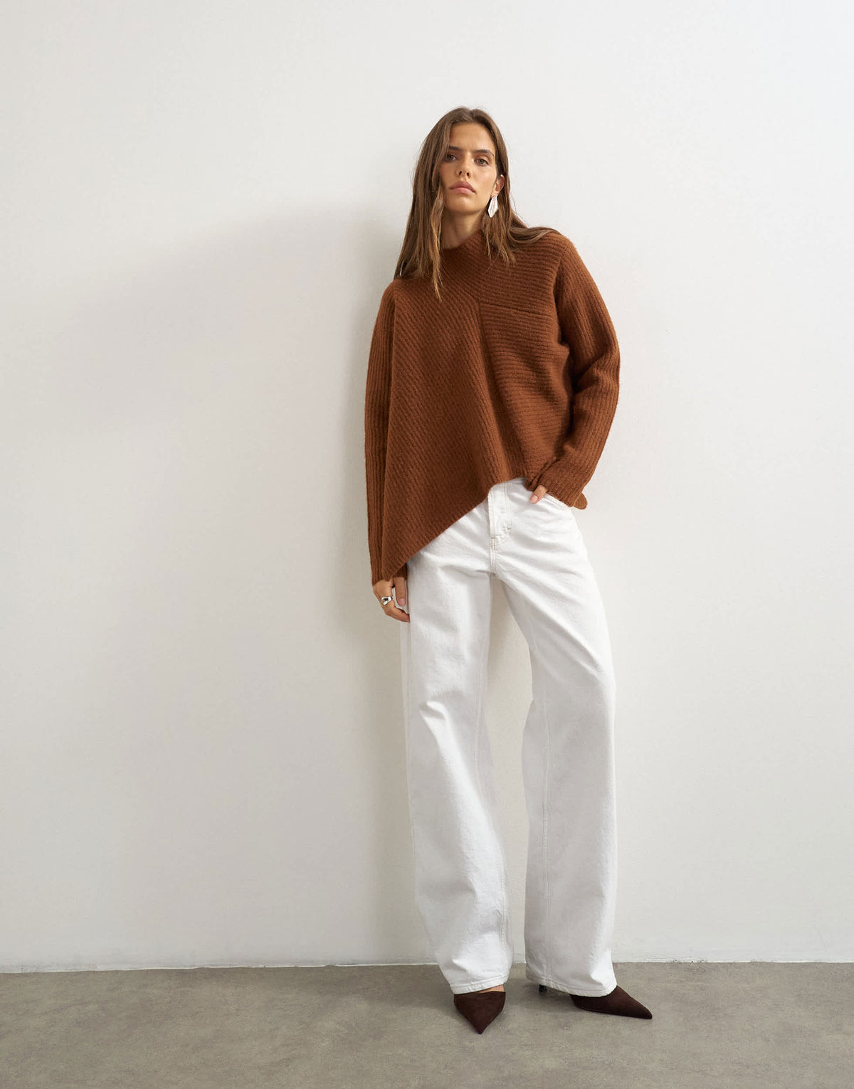 Topshop knitted asymmetric panel jumper in gingerbread