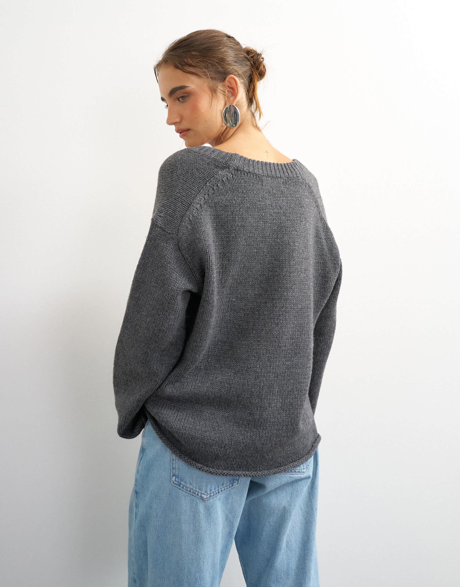 Topshop knitted scoop neck jumper in charcoal