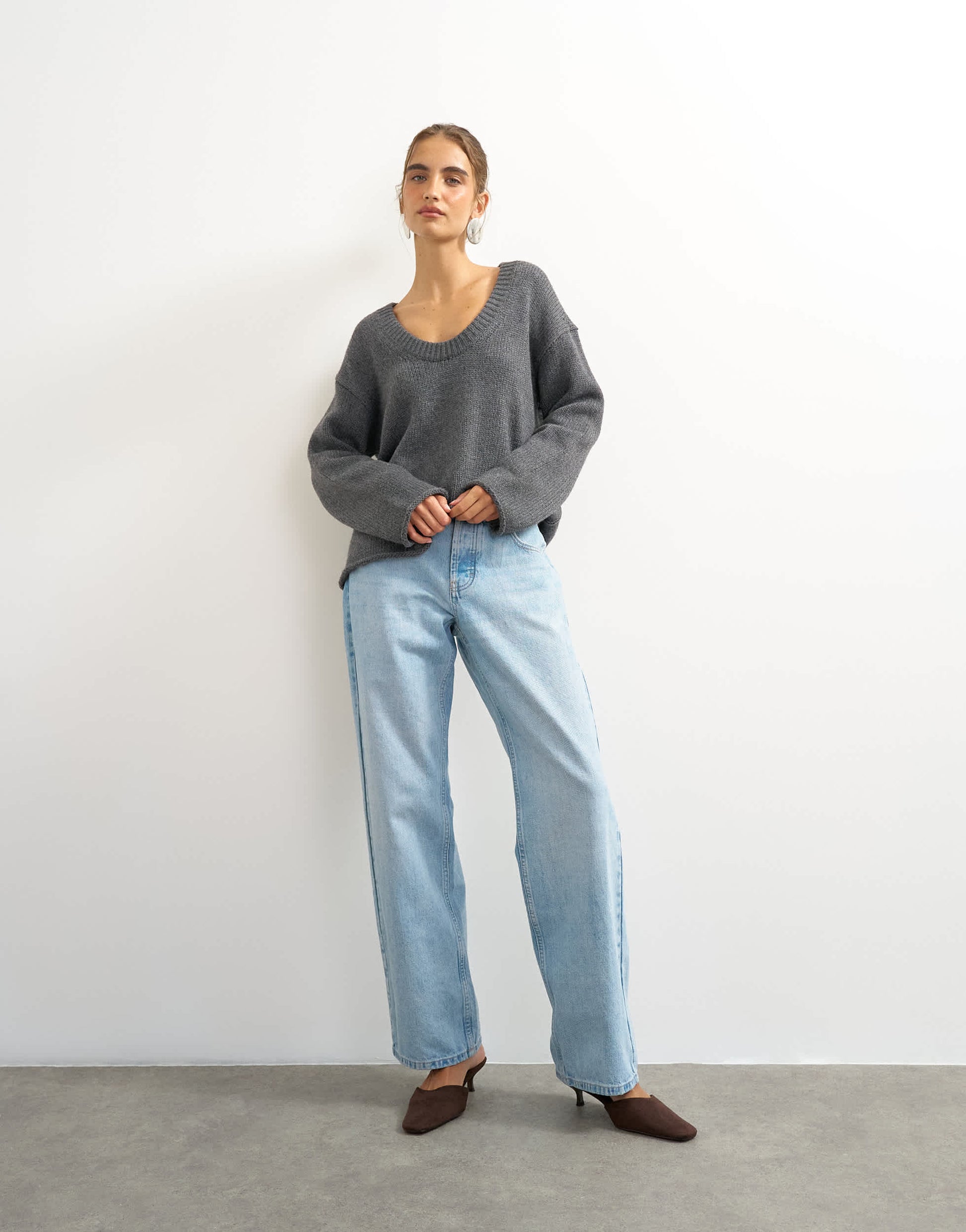 Topshop knitted scoop neck jumper in charcoal