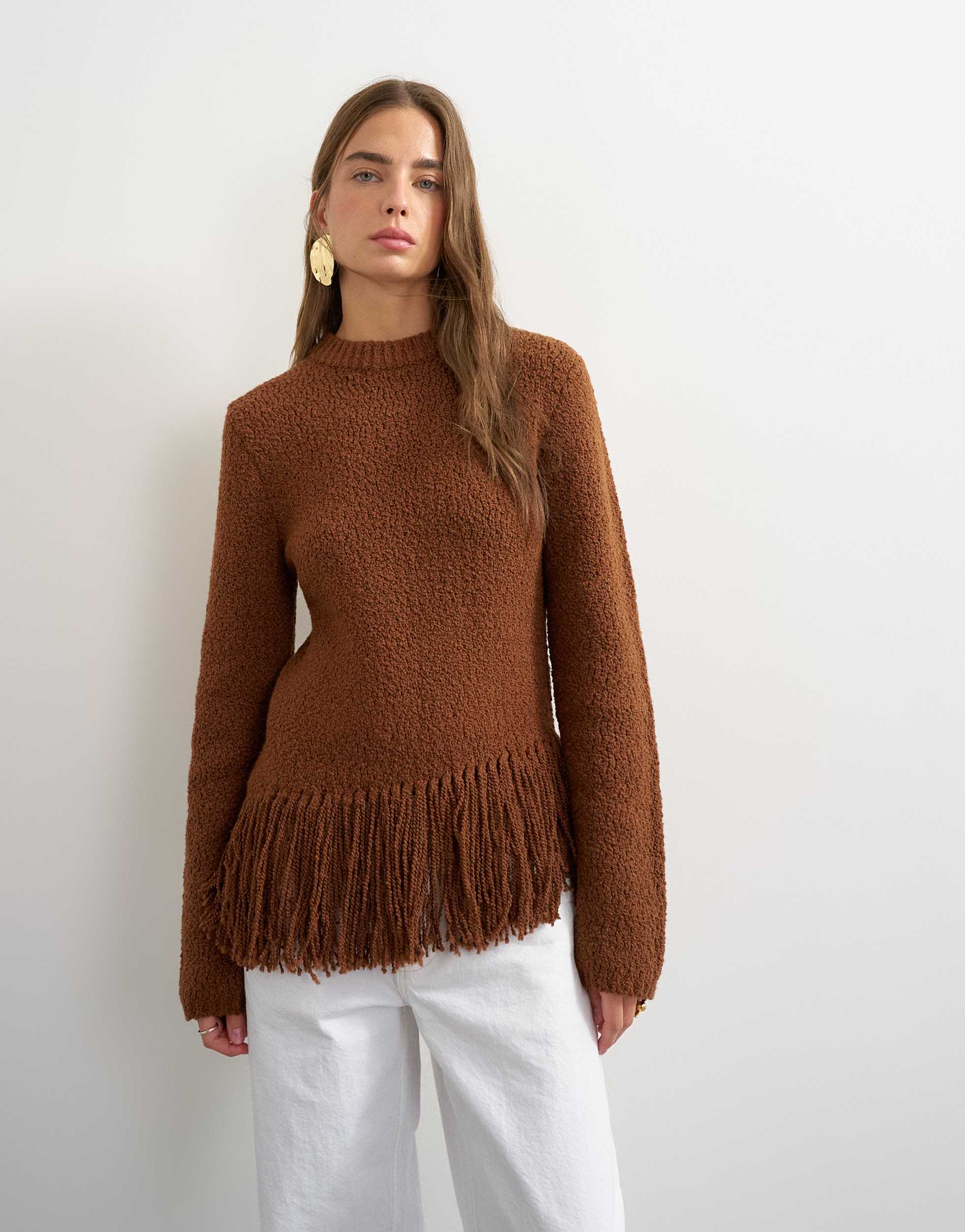Topshop knitted asymmetric fringe jumper in gingerbread