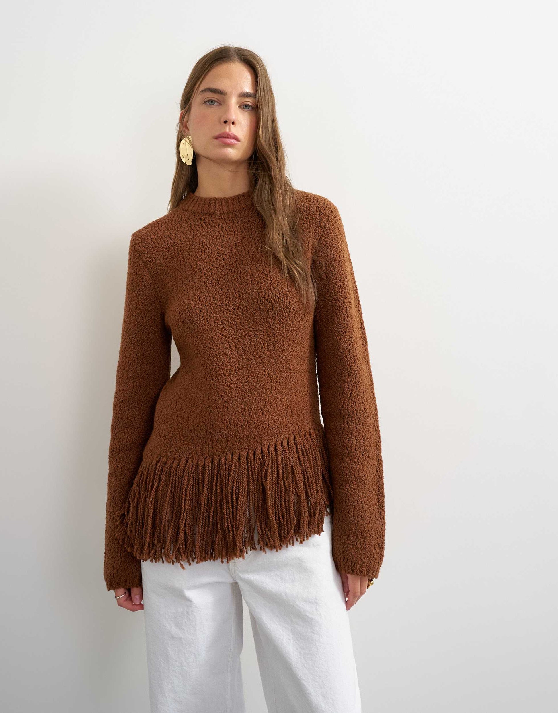 Topshop knitted asymmetric fringe jumper in gingerbread