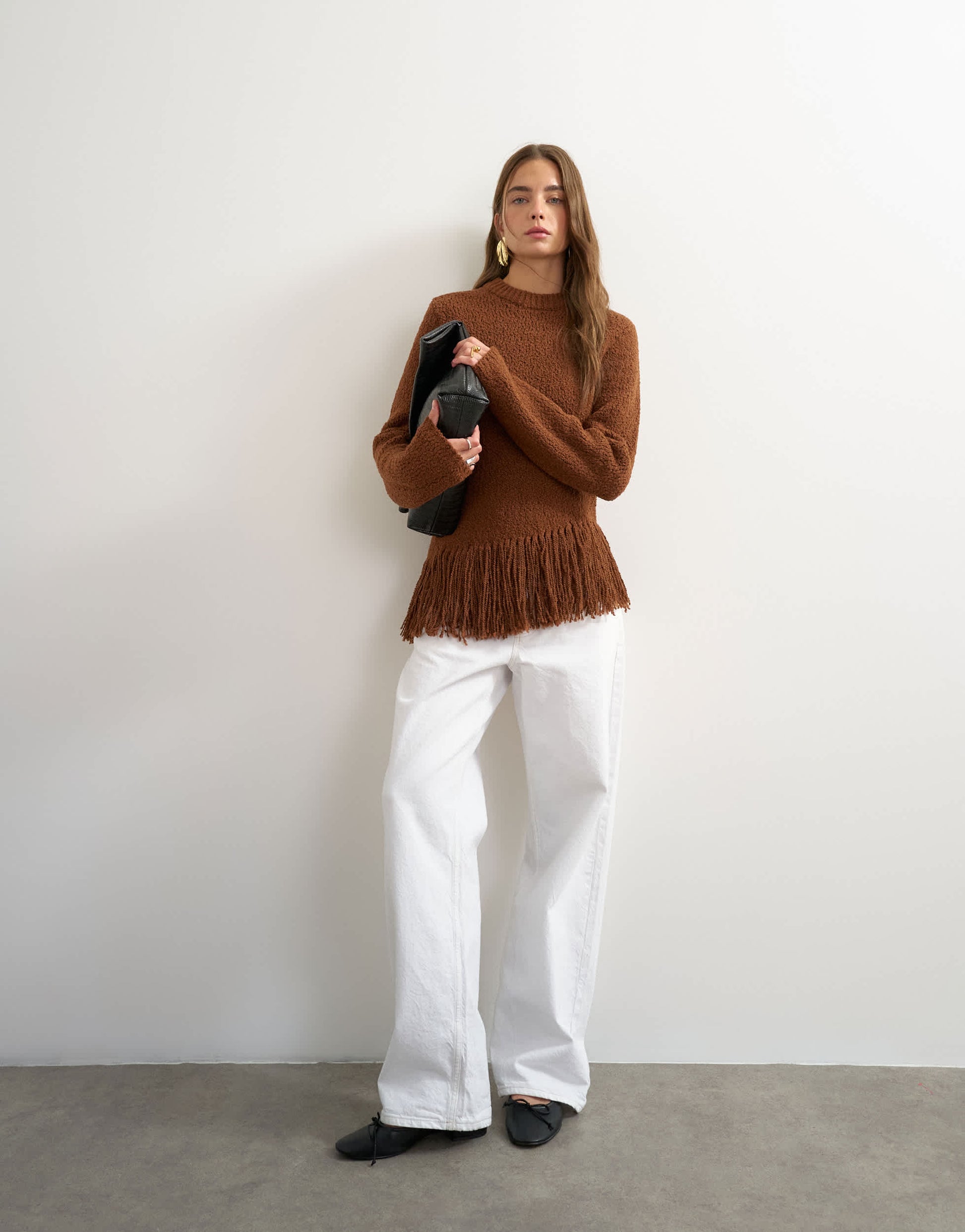 Topshop knitted asymmetric fringe jumper in gingerbread