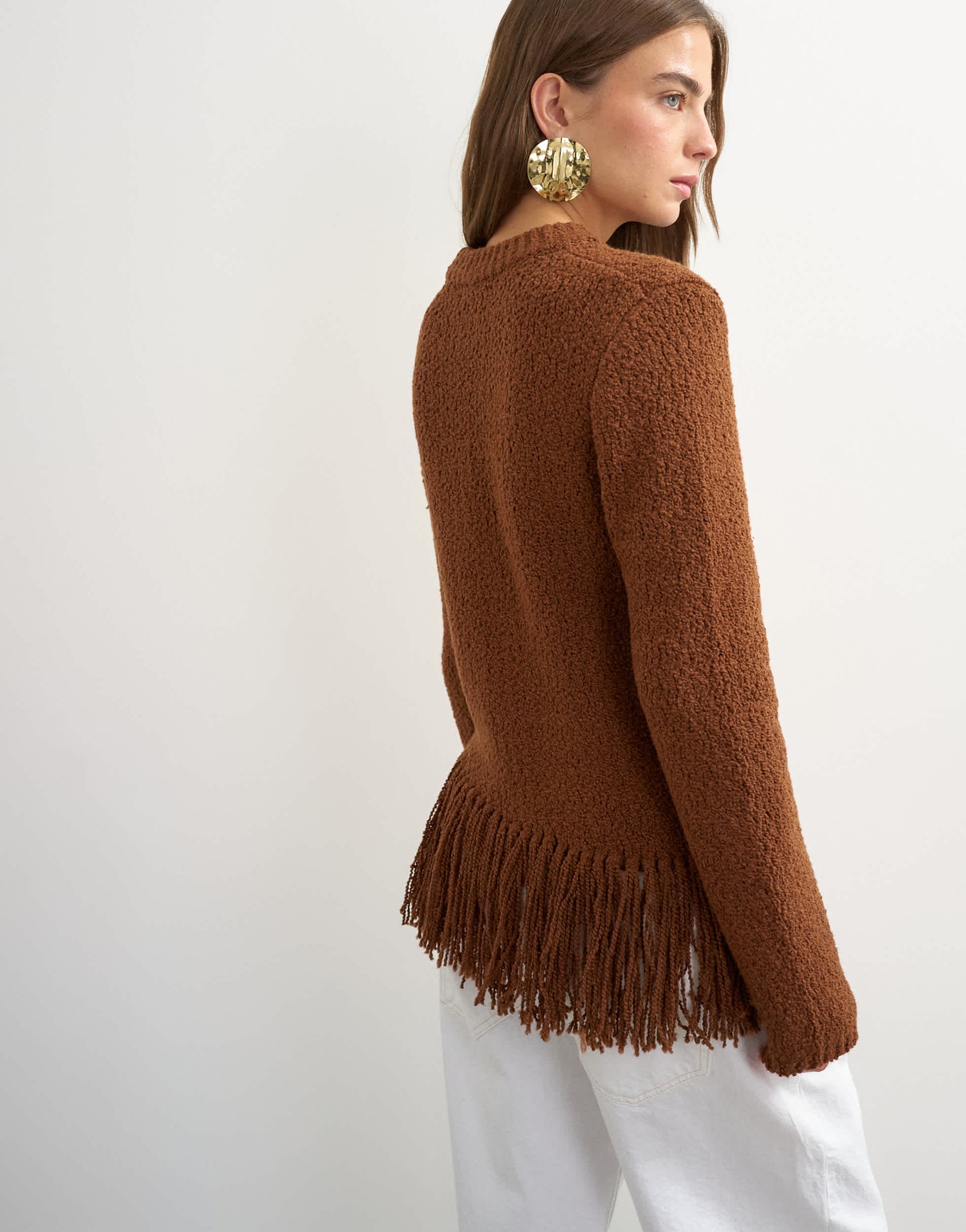 Topshop knitted asymmetric fringe jumper in gingerbread