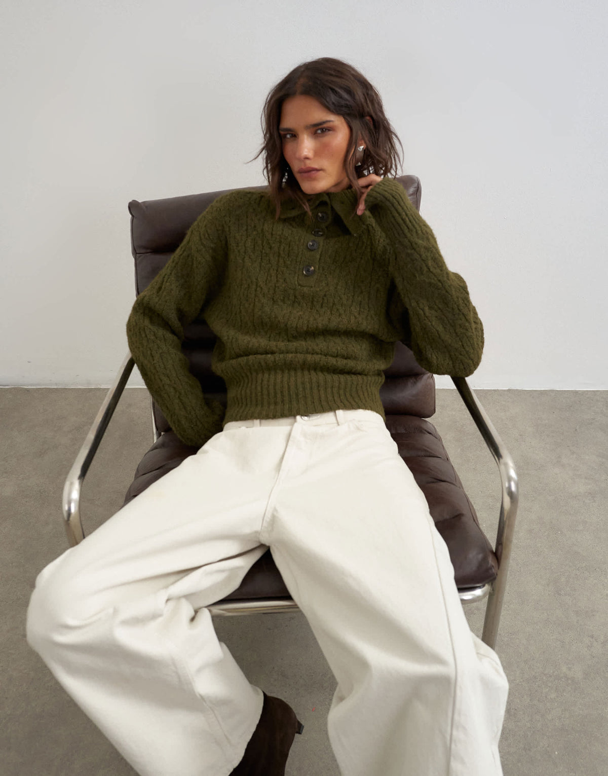 Topshop knitted cable stitch funnel neck jumper in moss