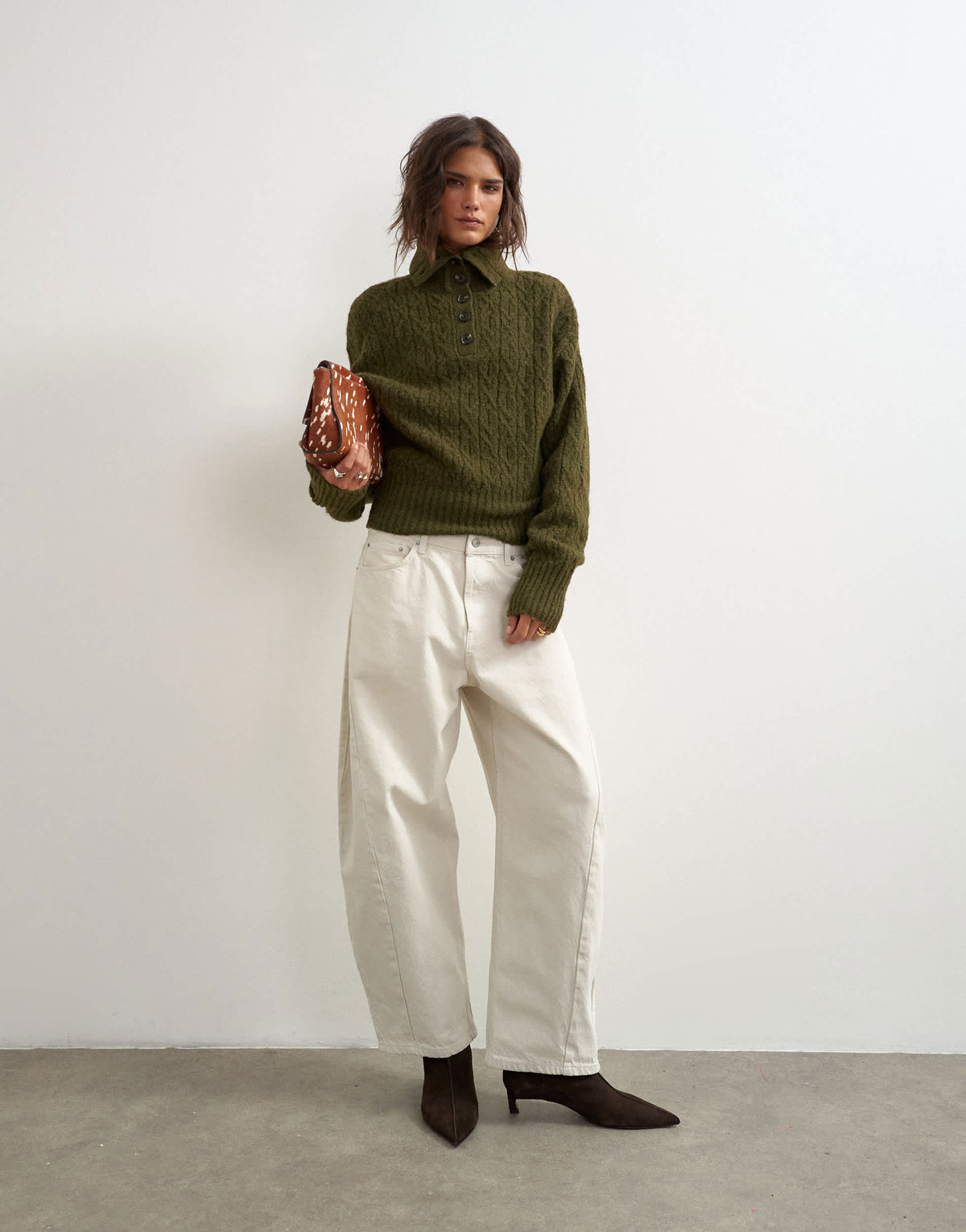 Topshop knitted cable stitch funnel neck jumper in moss